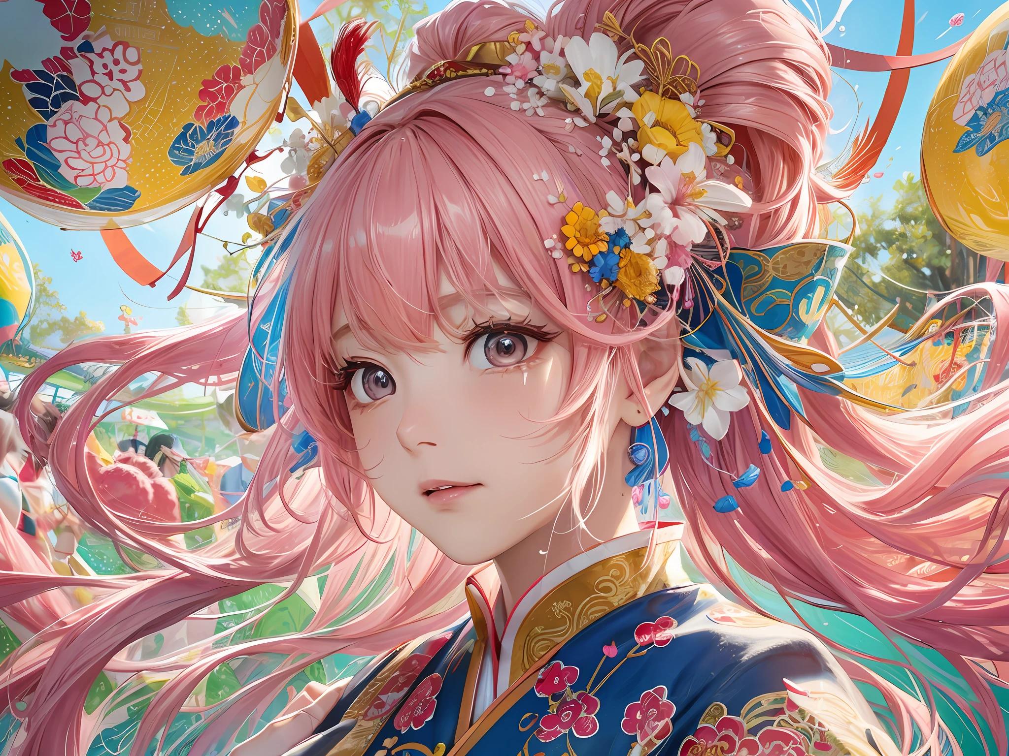 (Masterpiece,), (Best Quality), (Super Detailed), (Messy Hair), (Illustration,), (1 Girl), (Fashion Clothing), (Chinese Festival), (Dragon Boat Festival), (Zongzi), Beautiful and Delicate Eyes, Delicate Beautiful Face, Floating, (High Saturation), (Colorful Splash), Colorful Bubbles, (Shiny), Ponytail, Ayaka Kamisato, Light Pink Hair, Bangs, Hair Rings, Floating Flowers, Floating Hair, (Shiny), Best Lighting, Best Shadows, Tears,