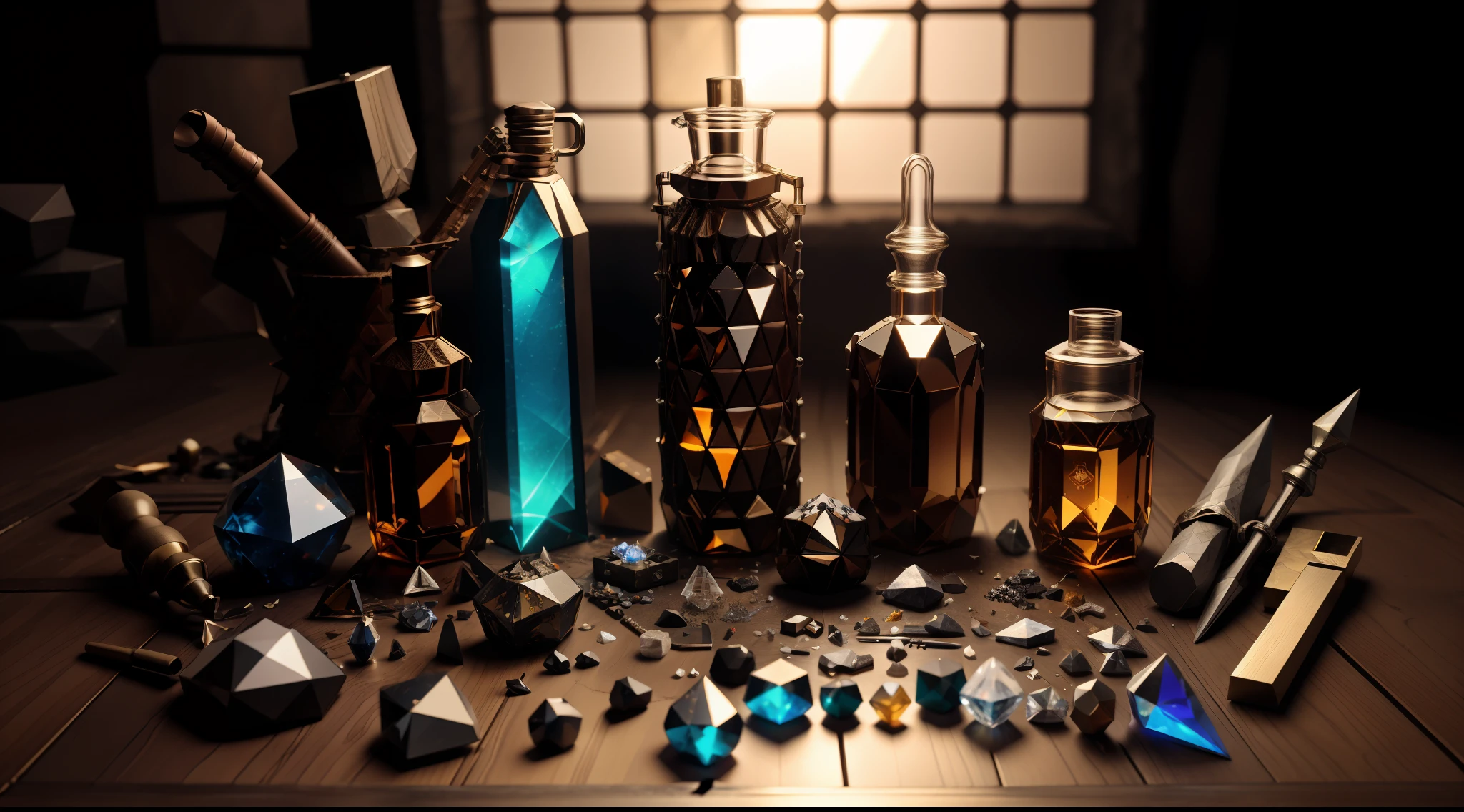 magic tools and potions, shiny crystals, costumes and props, Knolling, Knolling layout, deconstruction, highly detailed, depth, many parts, lumen rendering, 8k