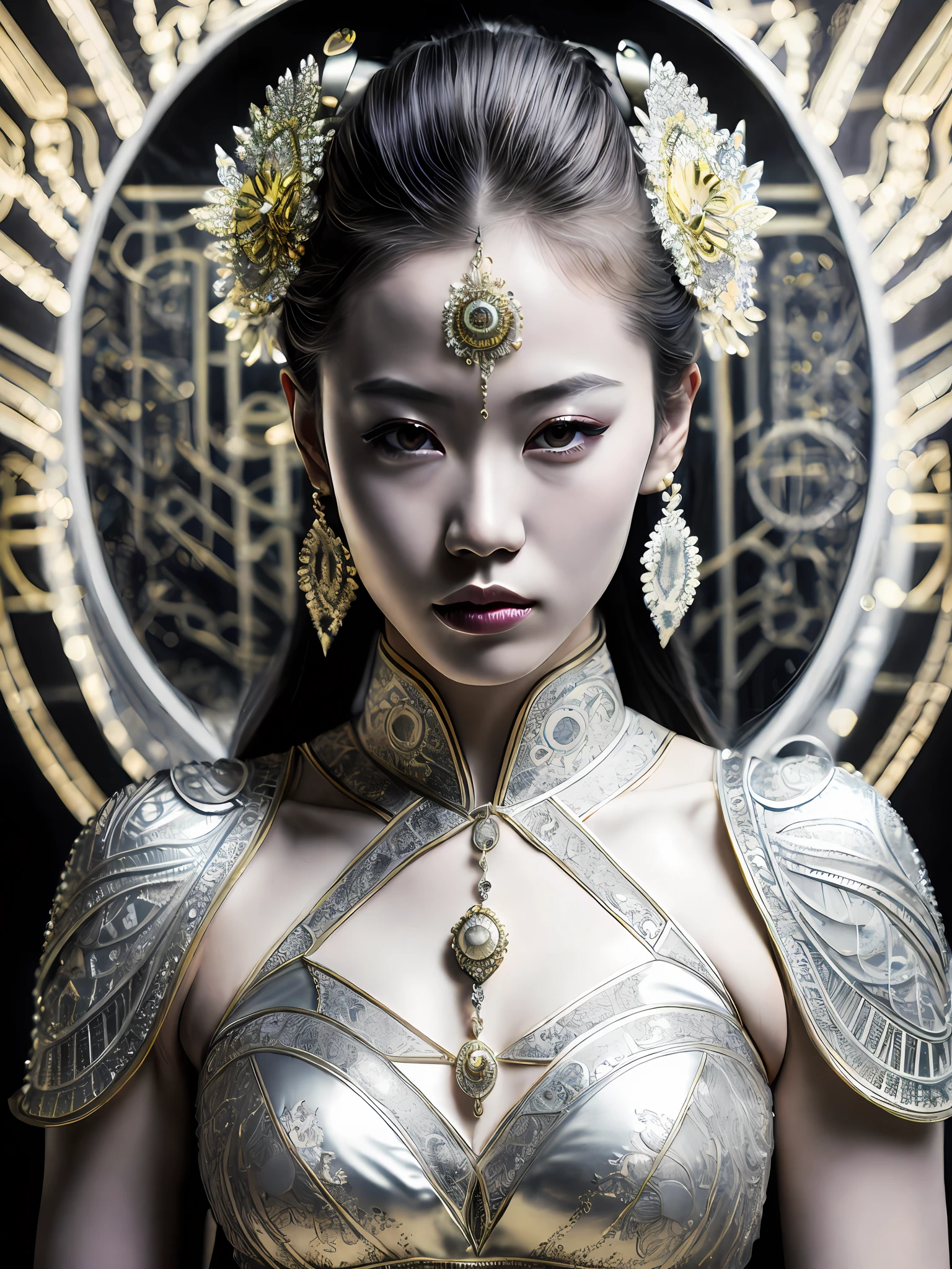 A portrait photograph of mid-twenties Japanese female android made of white and silver transparent glass and plastic, geisha makeup and hairstyle, silver metal internal body mechanisms, dynamic pose, flowing organic construction, detailed engraving, lacework designs, glowing golden circuitry, colorful neon trim, detailed engraving, lacework designs, glowing circuitry, neon trim, art by H.R. Giger, Greg Rutowski