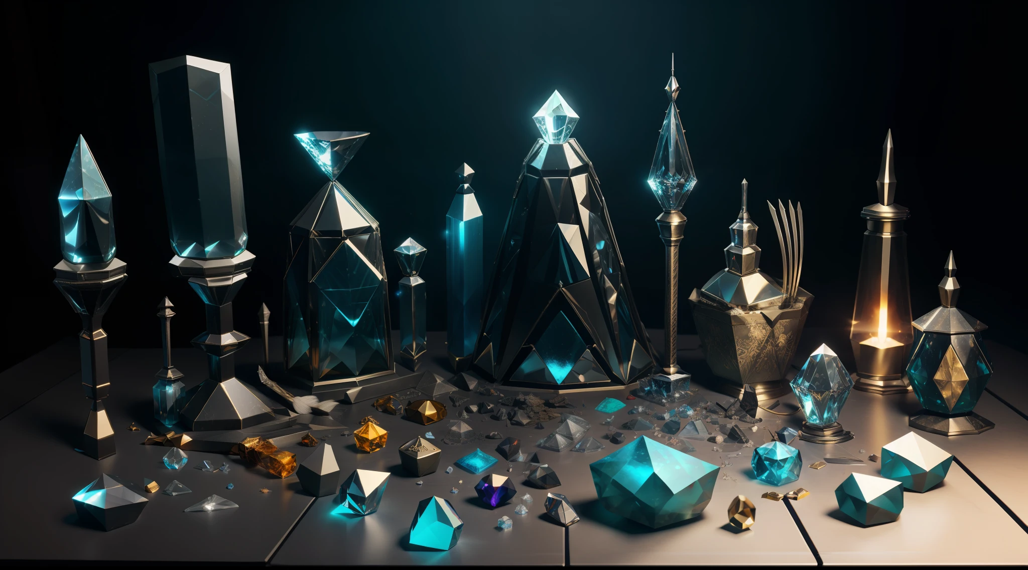 magic tools and potions, shiny crystals, costumes and props, Knolling, Knolling layout, deconstruction, highly detailed, depth, many parts, lumen rendering, 8k