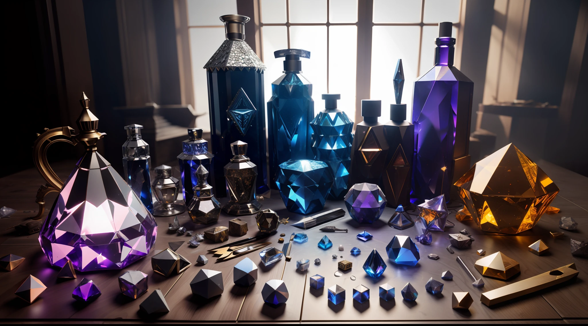 magic tools and potions, shiny crystals, costumes and props, Knolling, Knolling layout, deconstruction, highly detailed, depth, many parts, lumen rendering, 8k