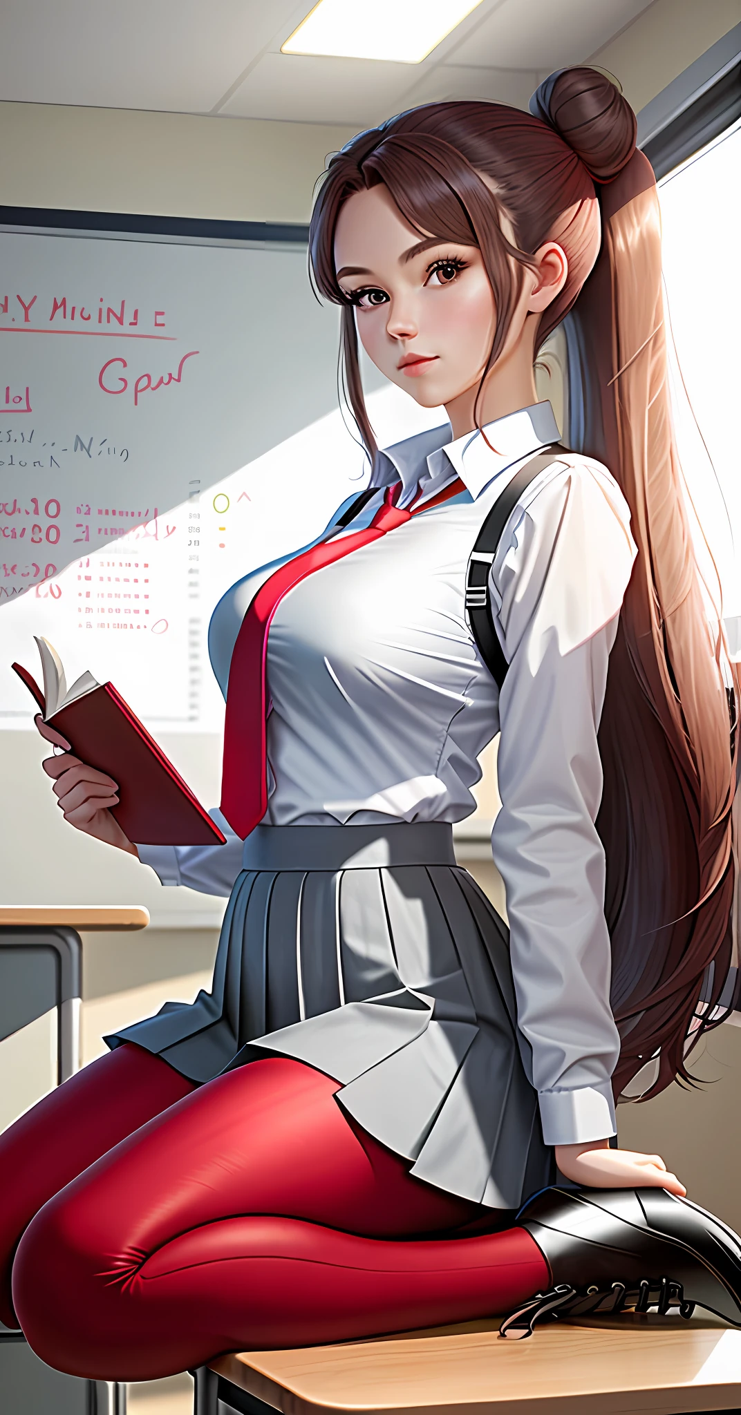 16k, Hyperrealistic, masterpiece, high detail, best quality, beautiful woman, gray school girl outfit with red tie , holding a book in one hand, anime style, long brown hair styled with a high bun and low ponytail on each side of the head, red tights, full body, forward facing, short gray skirt, large boobs, college girl, red leggings, kneeling on teachers desk in front of chalkboard, legs spread apart from each other, loose tie, unbuttoned shirt, heels, sexy, flirtatious, facing camera