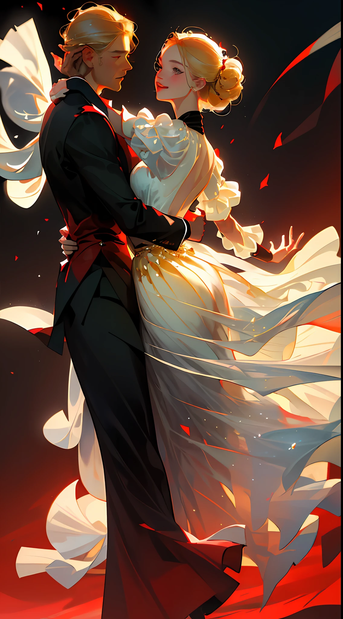 (Best quality, masterpiece), two figures, a man and a woman, blonde and a handsome man, black skirt, red embellishments, man in white, smiling, relaxing, dancing pose, elegant, particles, wind, flower, upper body, simple background, with gear elements, background is modern times --v 6