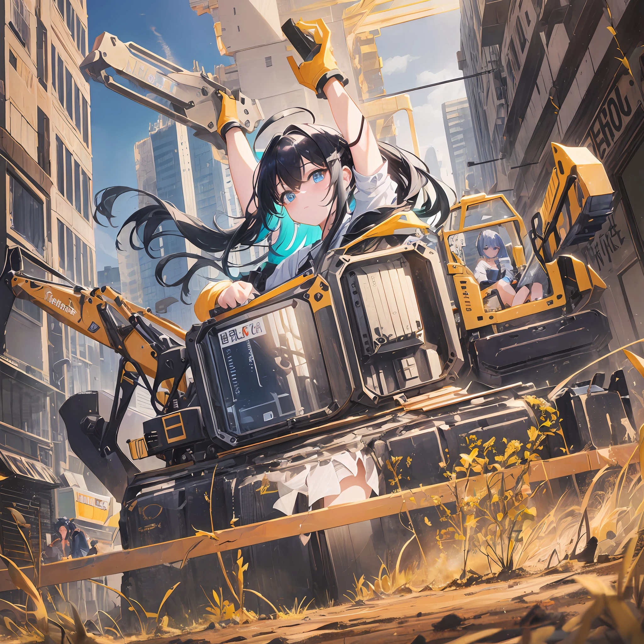 （((excavator)))）,A masterpie、bestquality、Highly detailed、Unity 8k wallpapers、Big empty、girl 1 person、excavator,Heavy machine、Gradient hair、hair between the eyes、Ahoge、age: 16、pretty face、White Niso、