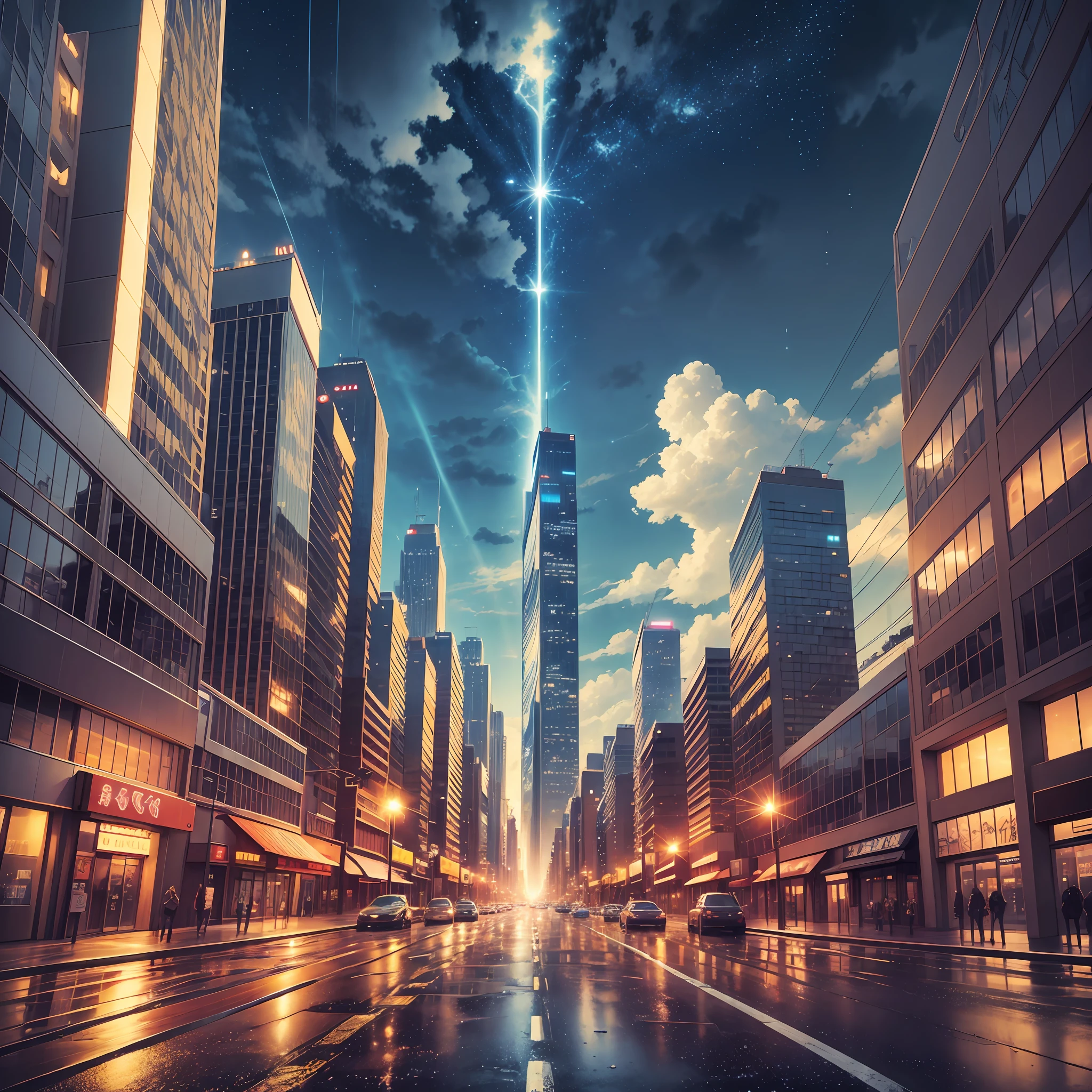 Free City, star sky, The road, raining, high detail, Luminism, anime style, god rays, halftone --auto --s2
