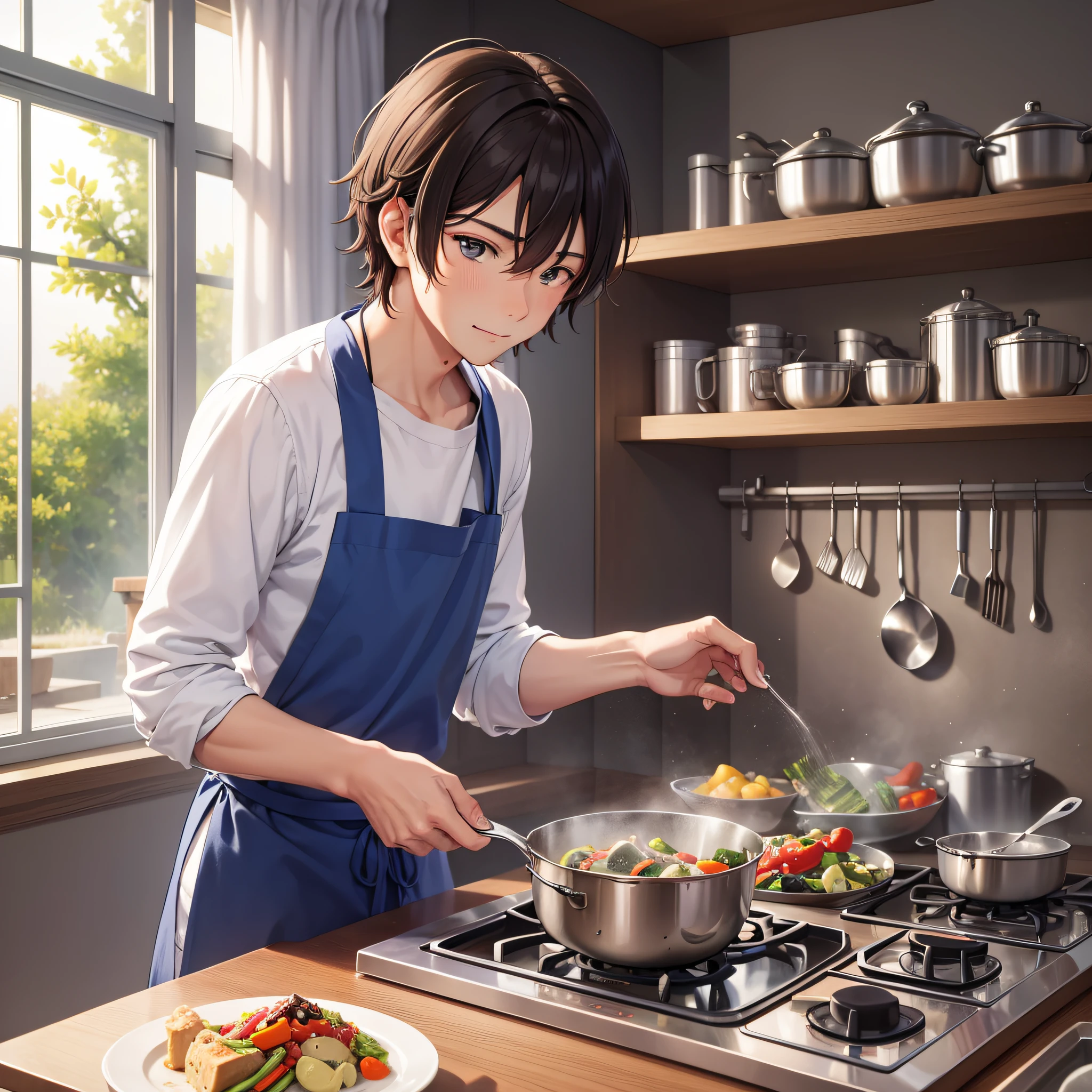 Man who loves to cook, anime, vegetables, with vegetables, lots of vegetables