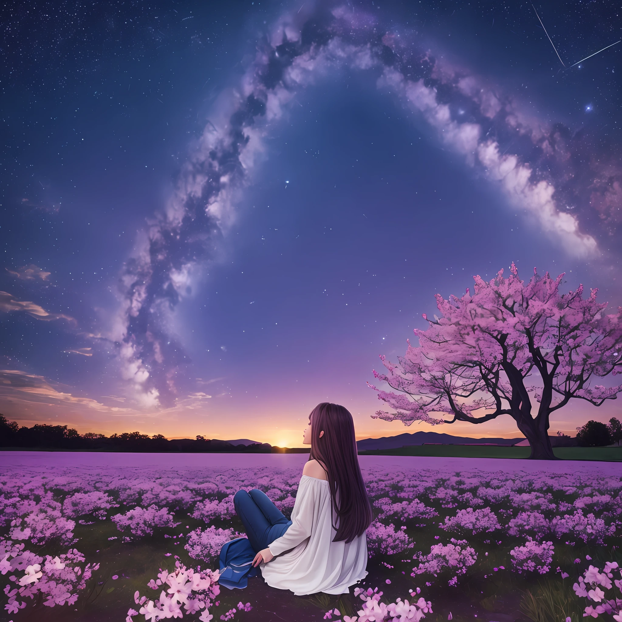 octans, sky, stars (sky), landscape, starry sky, night, 1girl, night sky, solo, outdoor, architecture, clouds, milky way, sitting, tree, long hair beauty, film and tv perspective, wide angle, plum blossom, 3D effect --auto --s2