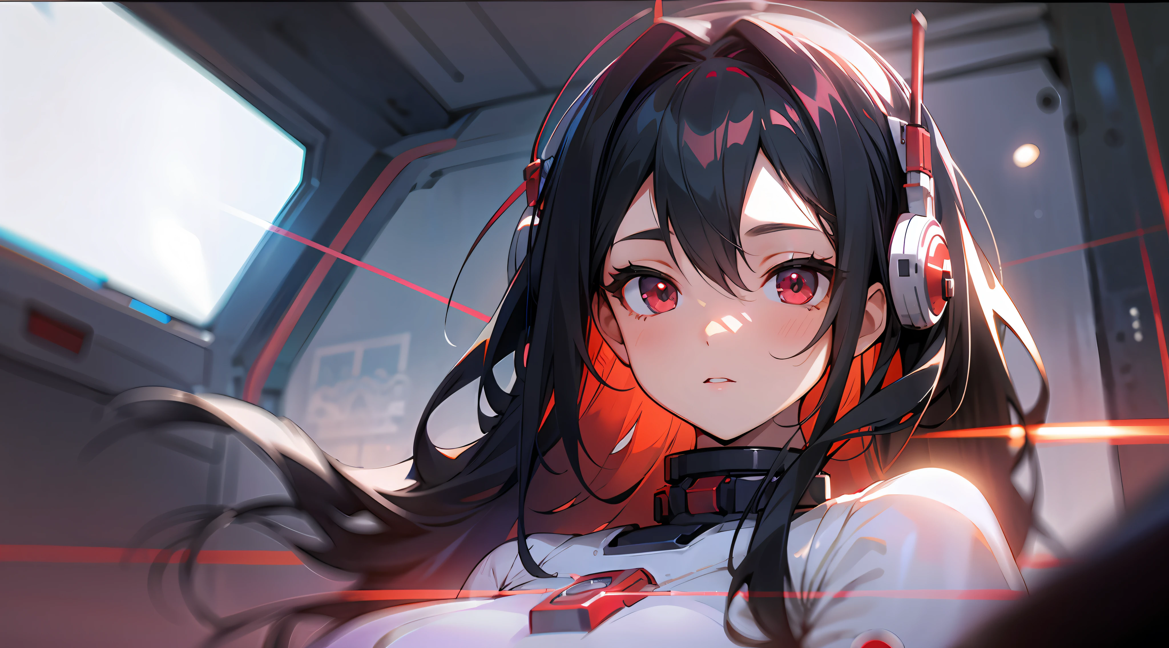 1girl, flat chest, cute, beautiful and detailed eyes, life on the space station, mirror props, shiny hair, visible through hair, hair between the eyes, white monochrome, , Soviet Union, communism, black hair, red eyes, vampires, girl, poor breasts, space suit: blurred foreground, HD, depth of field, bokeh, bust, medium shot, 56mm lens