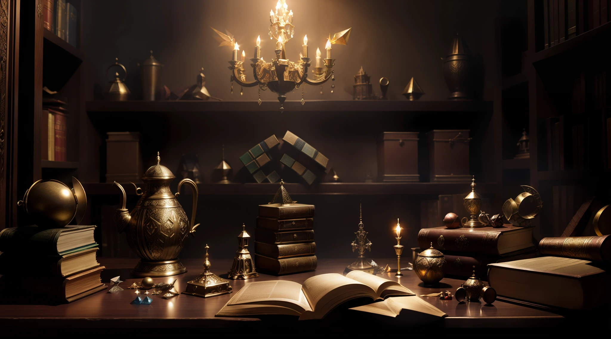 Fantasy magician's workroom with magical artifacts, bright crystals and books in the closet, vibrant, photorealistic, realistic, dramatic, dark, sharp focus, 8k