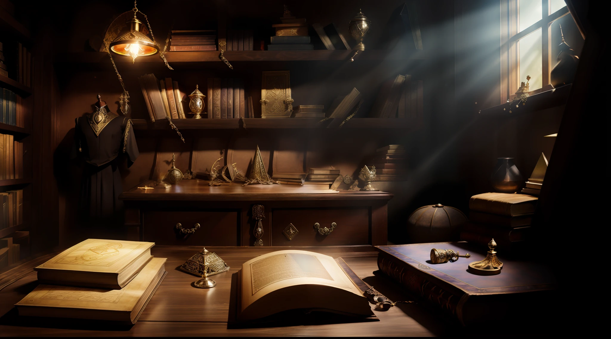 Fantasy magician's workroom with magical artifacts, bright crystals and books in the closet, vibrant, photorealistic, realistic, dramatic, dark, sharp focus, 8k