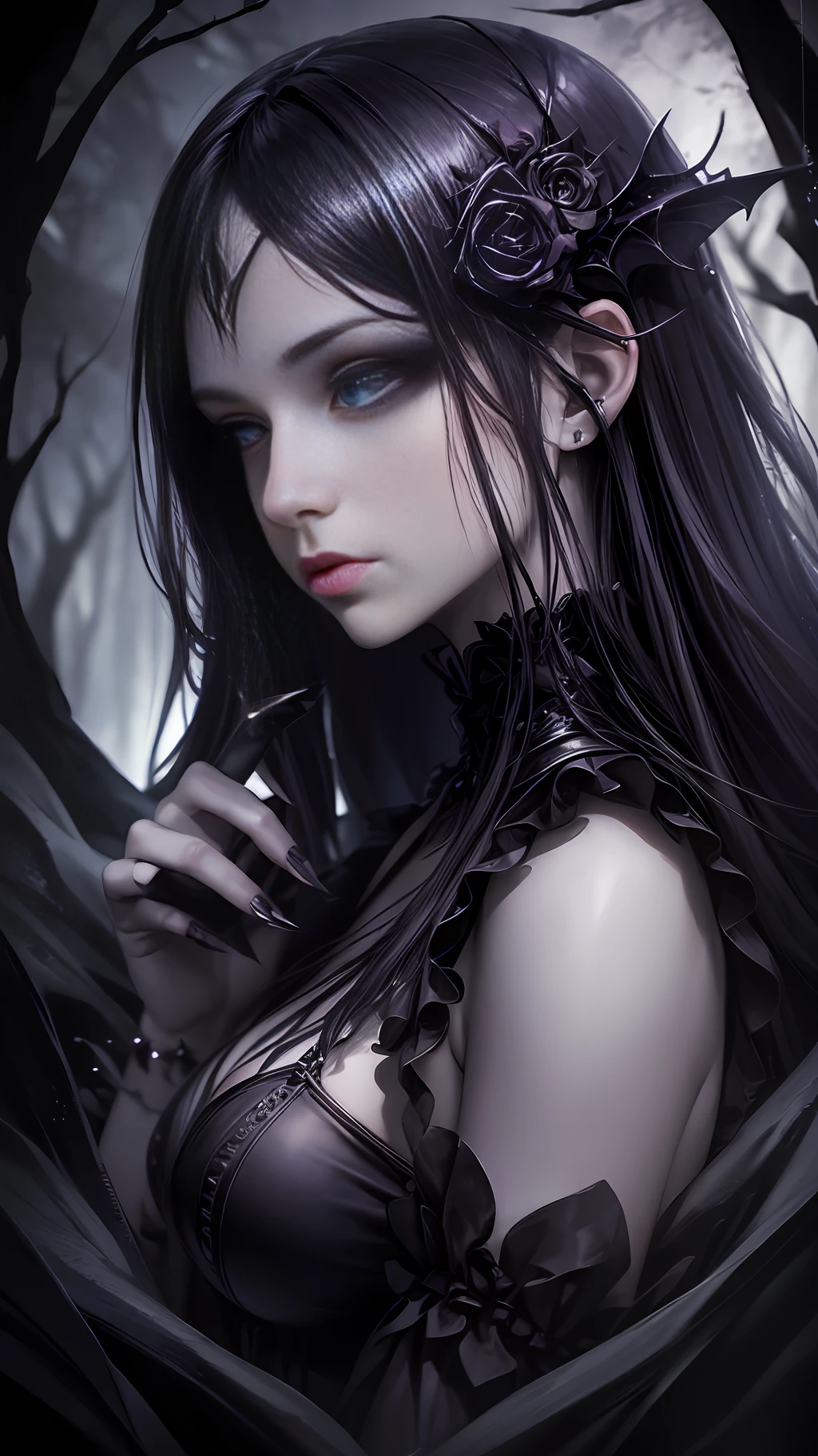 (Gothic Fantasy Art + Dark Fantasy Style + High Quality Fantasy Art), (Characters: Morgana|Lilith), (Scene Tag: Dark Forest Scene), (1girl), Silver Eyes, (Clothes: Mechanical Device), (Tone Tag: Cool Tones), (Viewing Angle: Dynamic Angle), (Visual Tag: High Resolution). --auto --s2