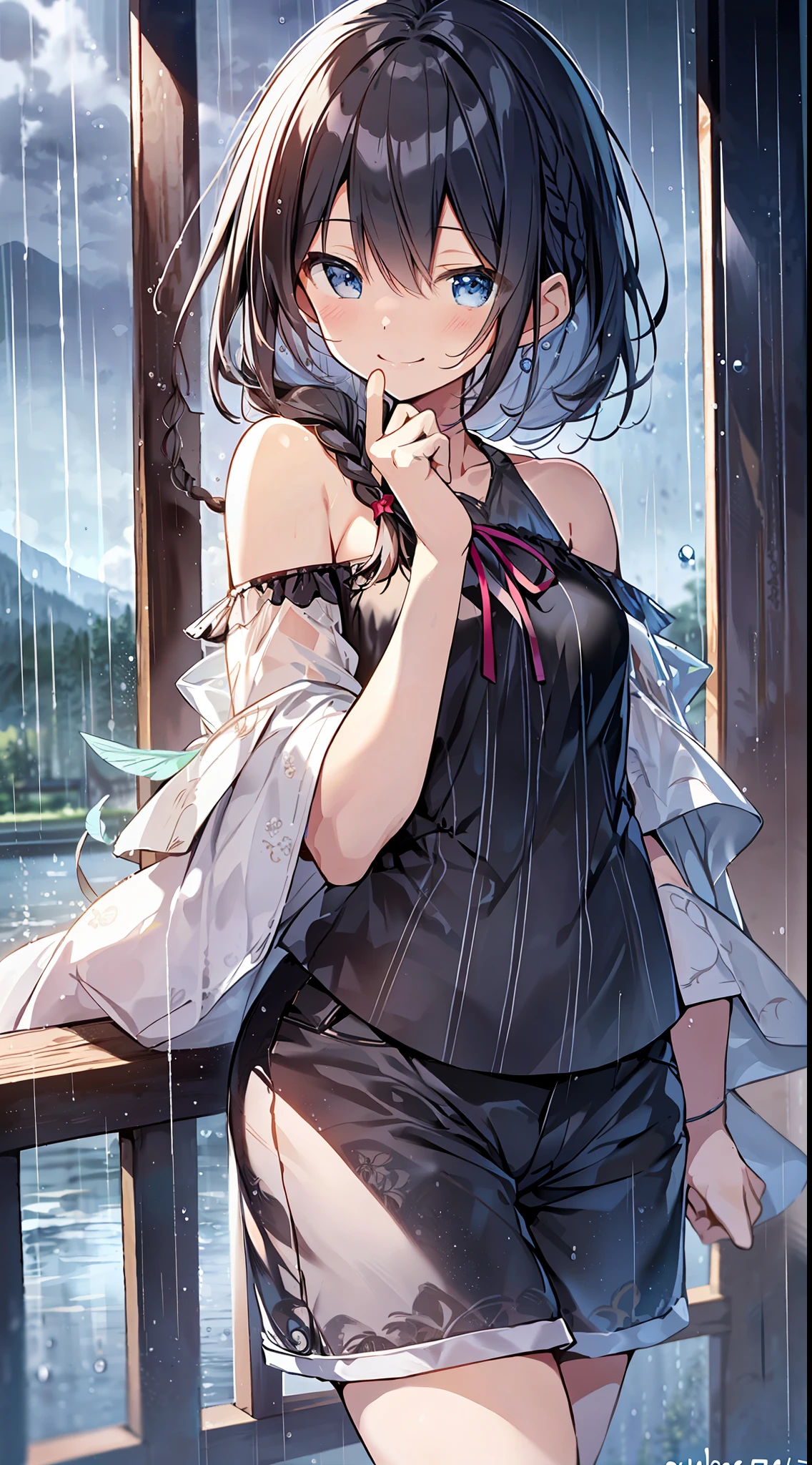 Top quality, masterpiece, ultra high definition, 8k, (((rain feathers, shorts)), shoujo manga style loli, one, soft line drawing, digital enhancement, shojo manga touch, shojo manga core, flowing fabric, close-up, (short braid with hair length to the shoulders)), staring us from the front, soft drawing, beautiful black hair, clear eyes, ((teasing smile)), Ultra-detailed digital anime art, clear face depiction, ultra-detailed shoujo manga character art, ultra-detailed manga style, top quality color, hand gestures, angle to see up to the feet, landscape with nature, raining, rainy season, looking up at the sky