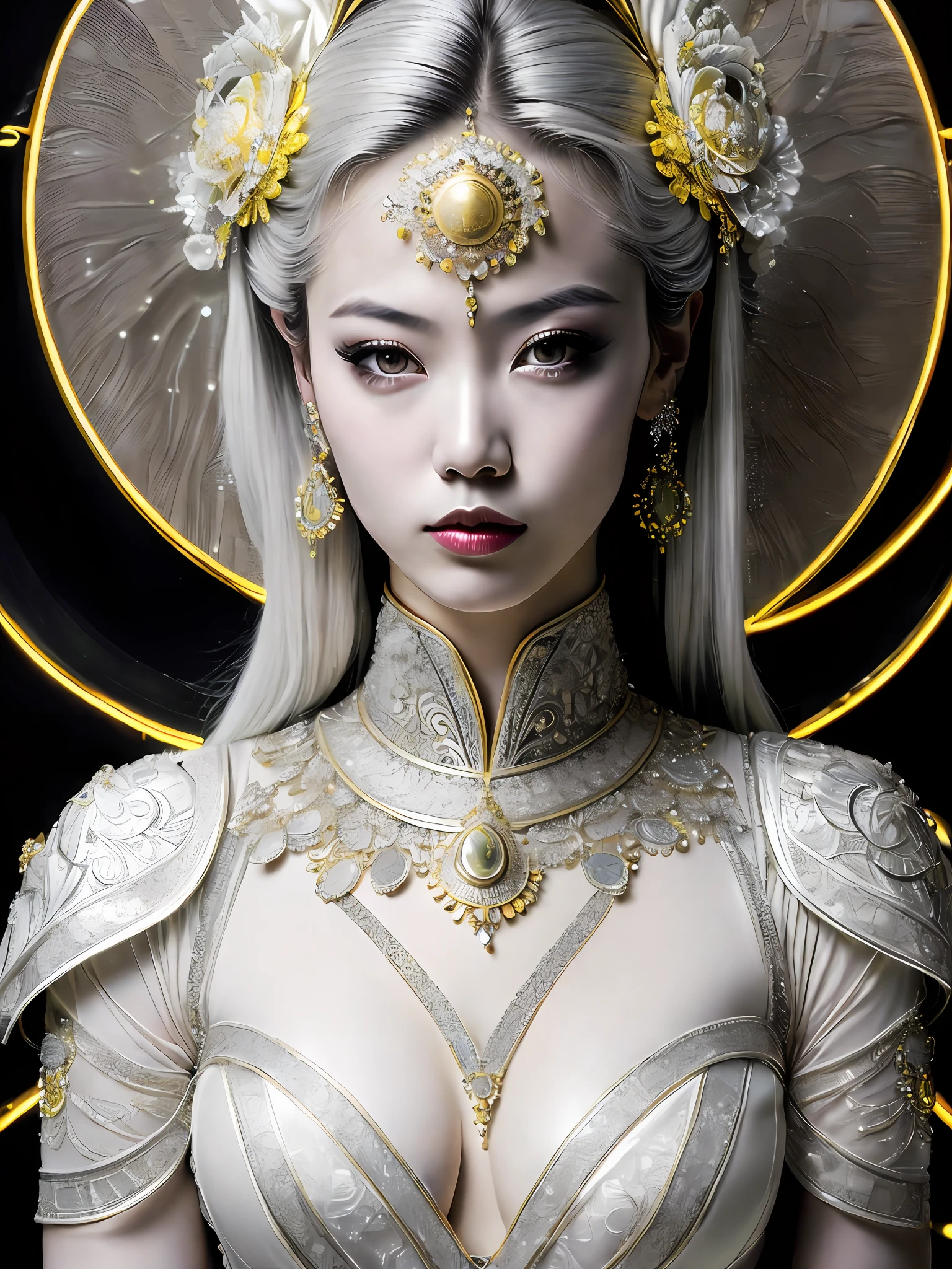 A portrait photograph of mid-twenties Japanese female android made of white and silver transparent glass and plastic, geisha makeup and hairstyle, silver metal internal body mechanisms, dynamic pose, flowing organic construction, detailed engraving, lacework designs, glowing golden circuitry, colorful neon trim, detailed engraving, lacework designs, glowing circuitry, neon trim, art by H.R. Giger, Greg Rutowski
