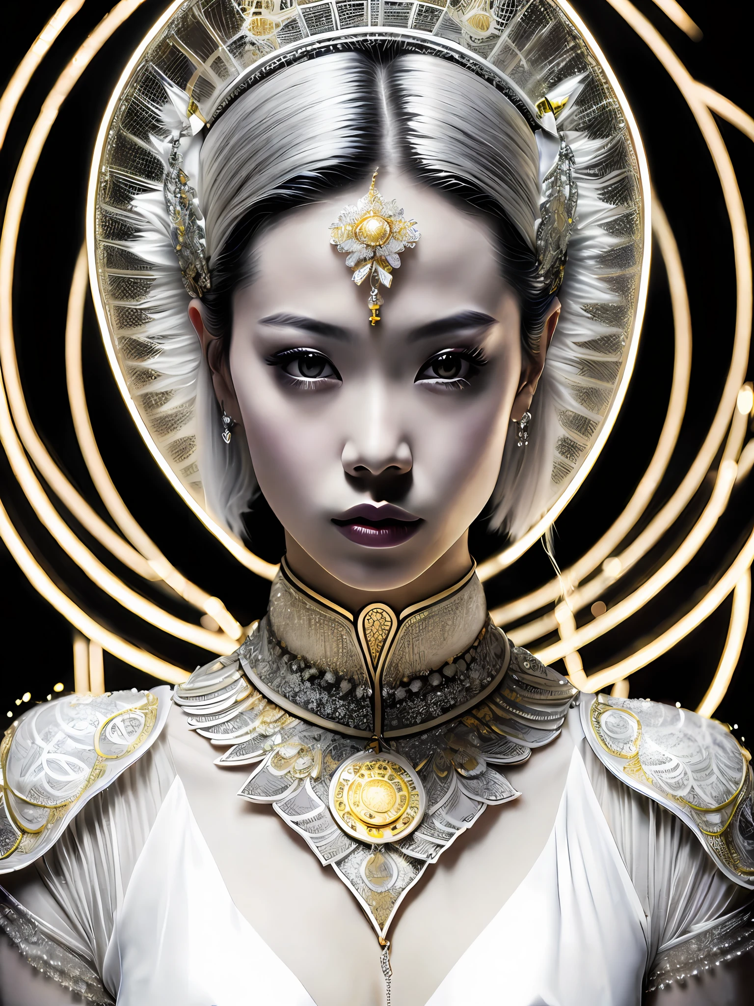 A portrait photograph of mid-twenties Japanese female android made of white and silver transparent glass and plastic, geisha makeup and hairstyle, silver metal internal body mechanisms, dynamic pose, flowing organic construction, detailed engraving, lacework designs, glowing golden circuitry, colorful neon trim, detailed engraving, lacework designs, glowing circuitry, neon trim, art by H.R. Giger, Greg Rutowski