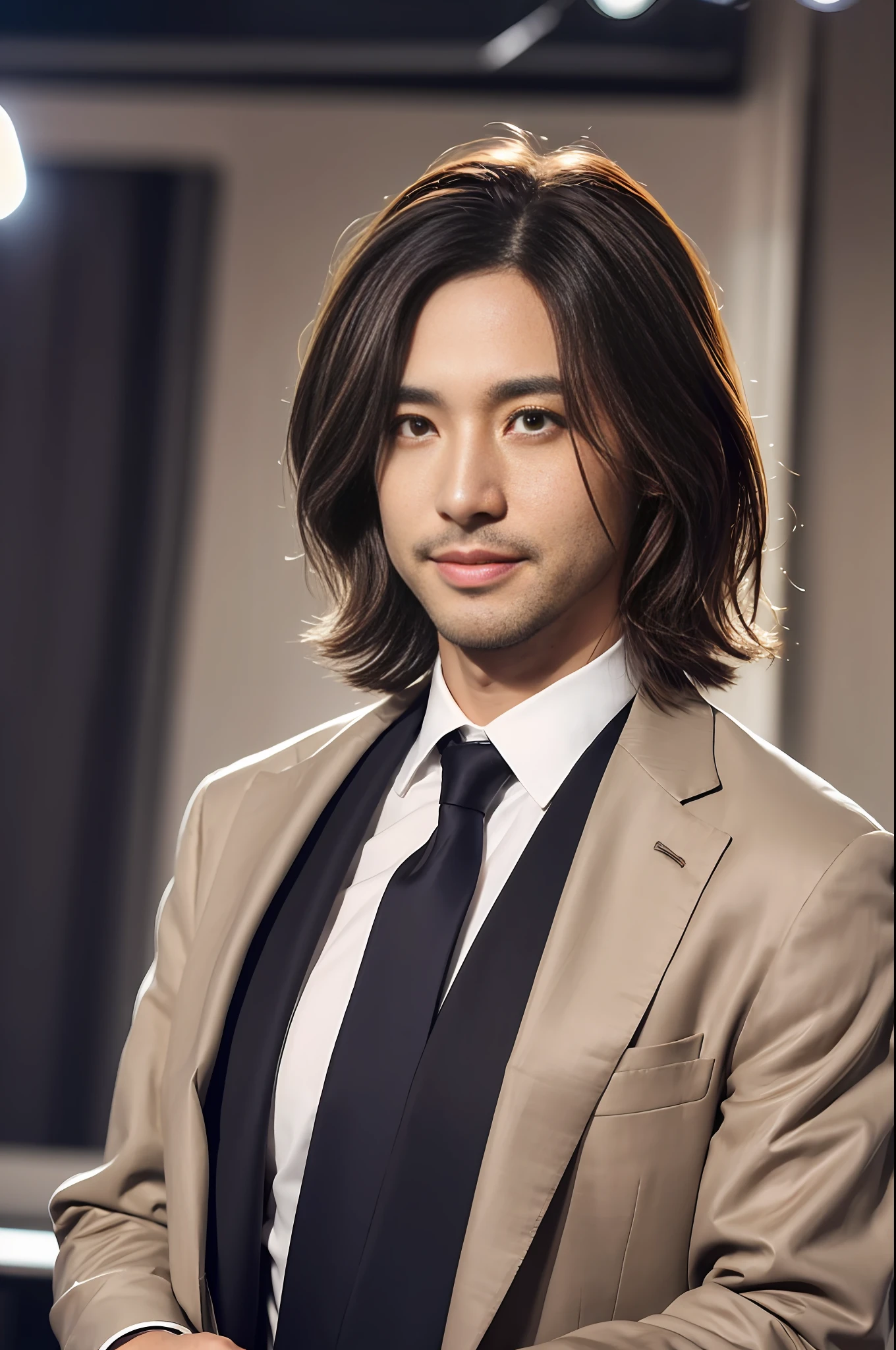 ((Realistic lighting, Best quality, 8K, Masterpiece: 1.3)), Clear focus: 1.2, 1man, Front lens, Perfect figure beauty: 1.4, ((dark brown hair, back flip hair)), (Jacket with suit underneath shirt and trousers: 1.4), (In the live room: 1.8), Super fine face, fine eyes, smile, handsome man, short hair,