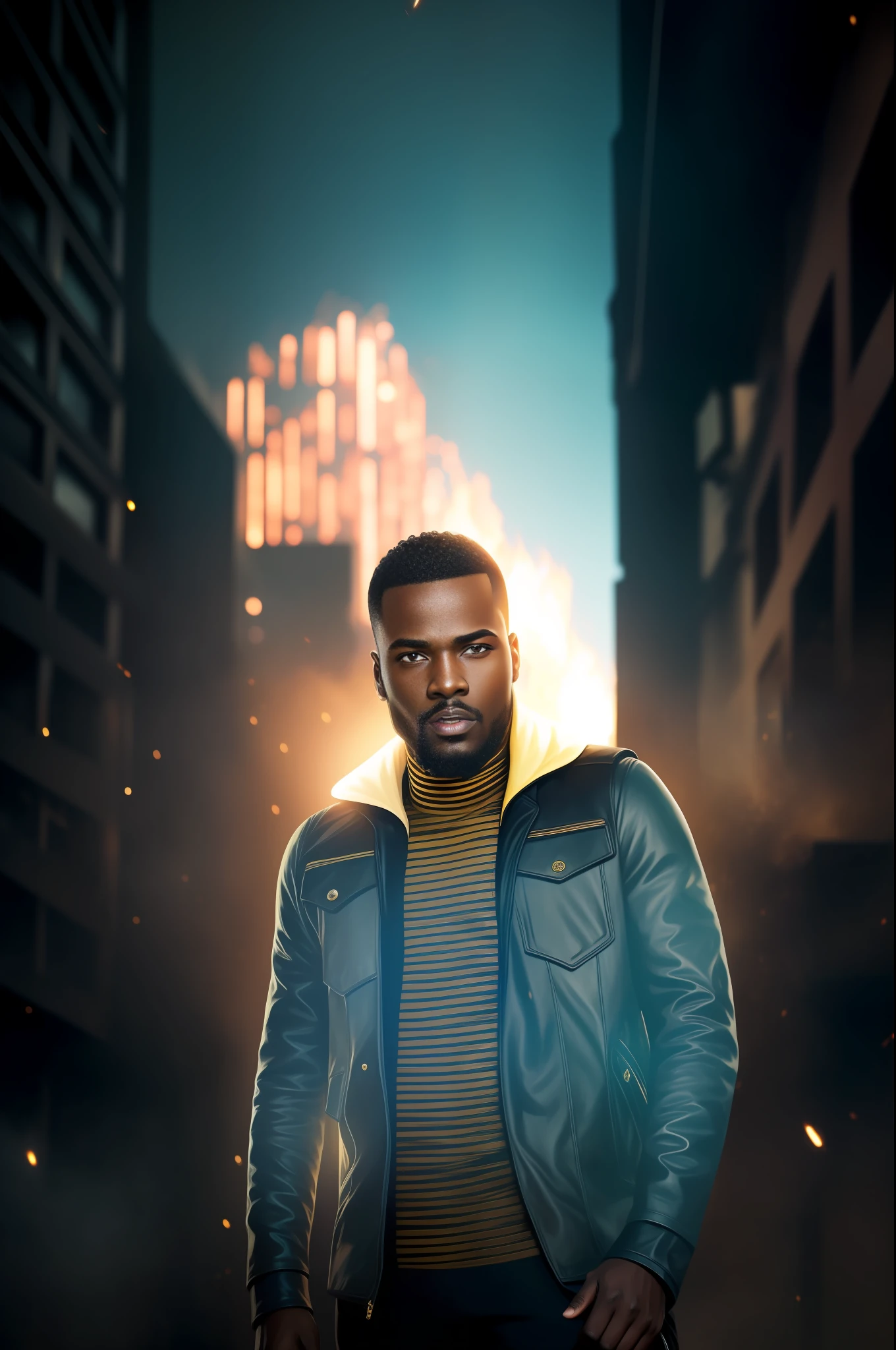 A painting of a man, extremely detailed black skin, short haircut, 2077 cyberpunk style background, golden outline of lighting, mist, sparks of fire.