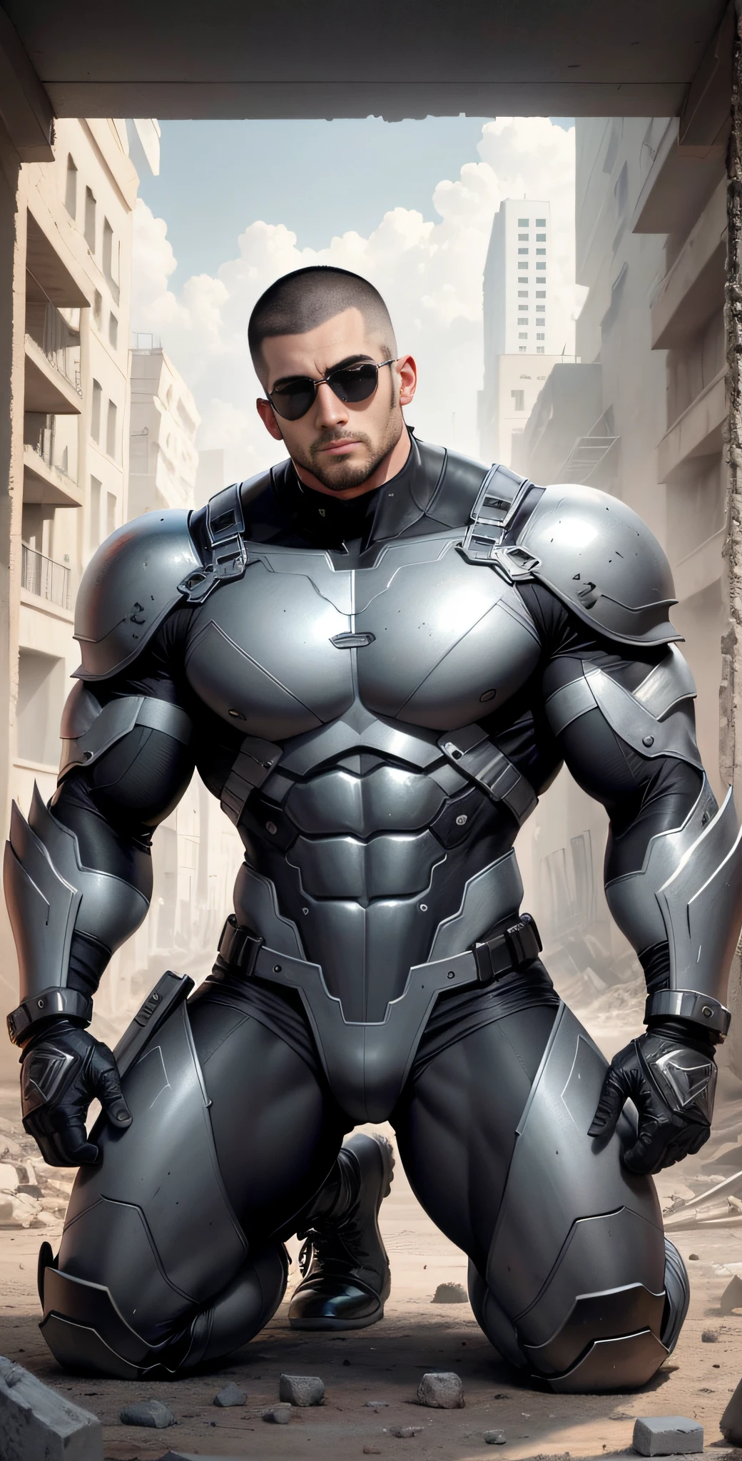 Arad man in gray, black and white clothes kneeling in desolate ruins with his head in his hands, muscle male hero, Buzz Cut, heroic male pose, tall and burly, muscular! Wearing black sunglasses with sad expression, stealth suit, symmetrical pattern texture design, super buff and cool, high resolution committee, character design police, black military boots, attractive strong male with armor