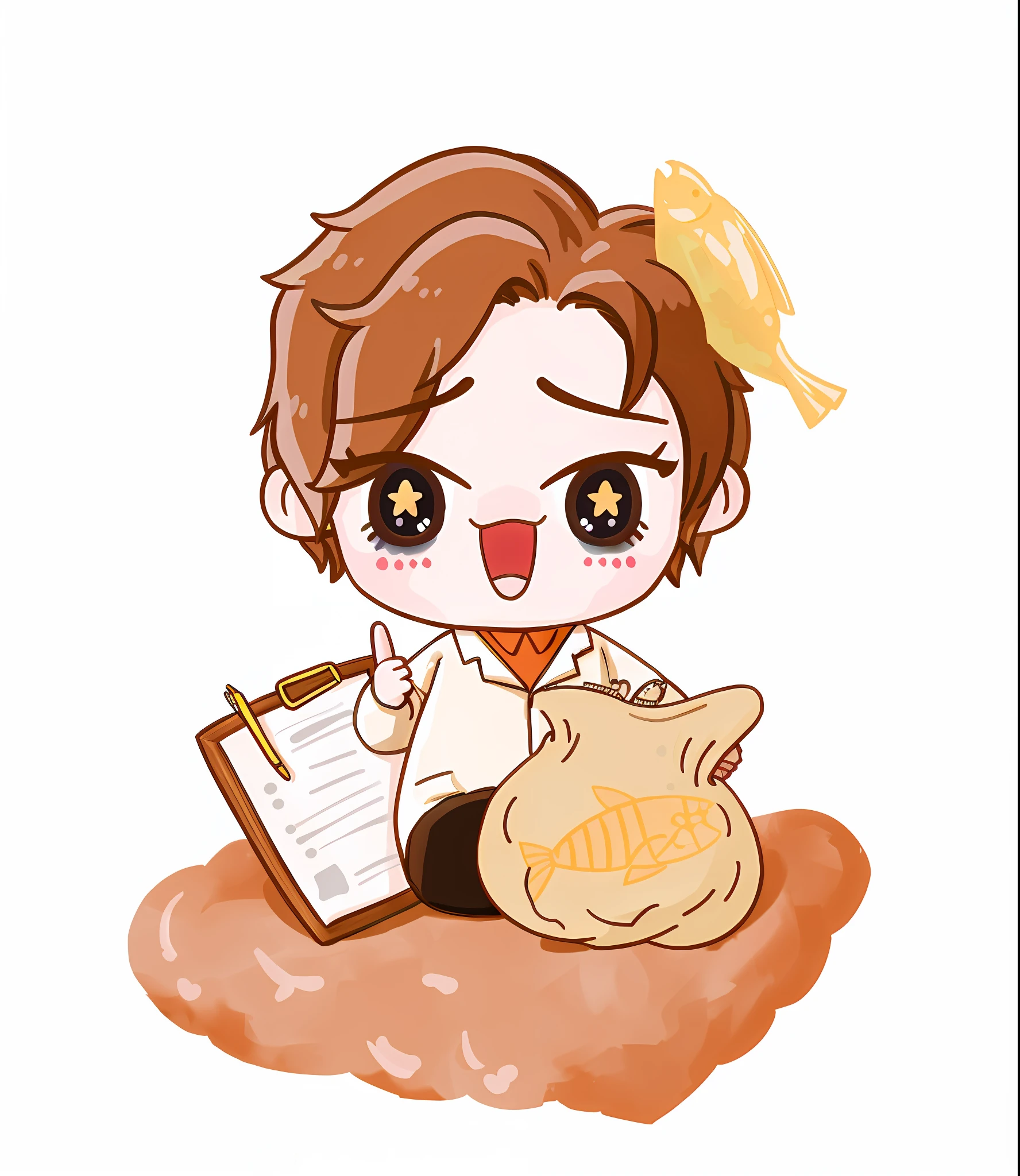 Anime boy sitting on a cloud, holding a bag of fish, cute, official character illustration, cute character, telegram sticker, cartoon, Makoto Shinkai, high quality doujin art, (doctor), three-dimensional character