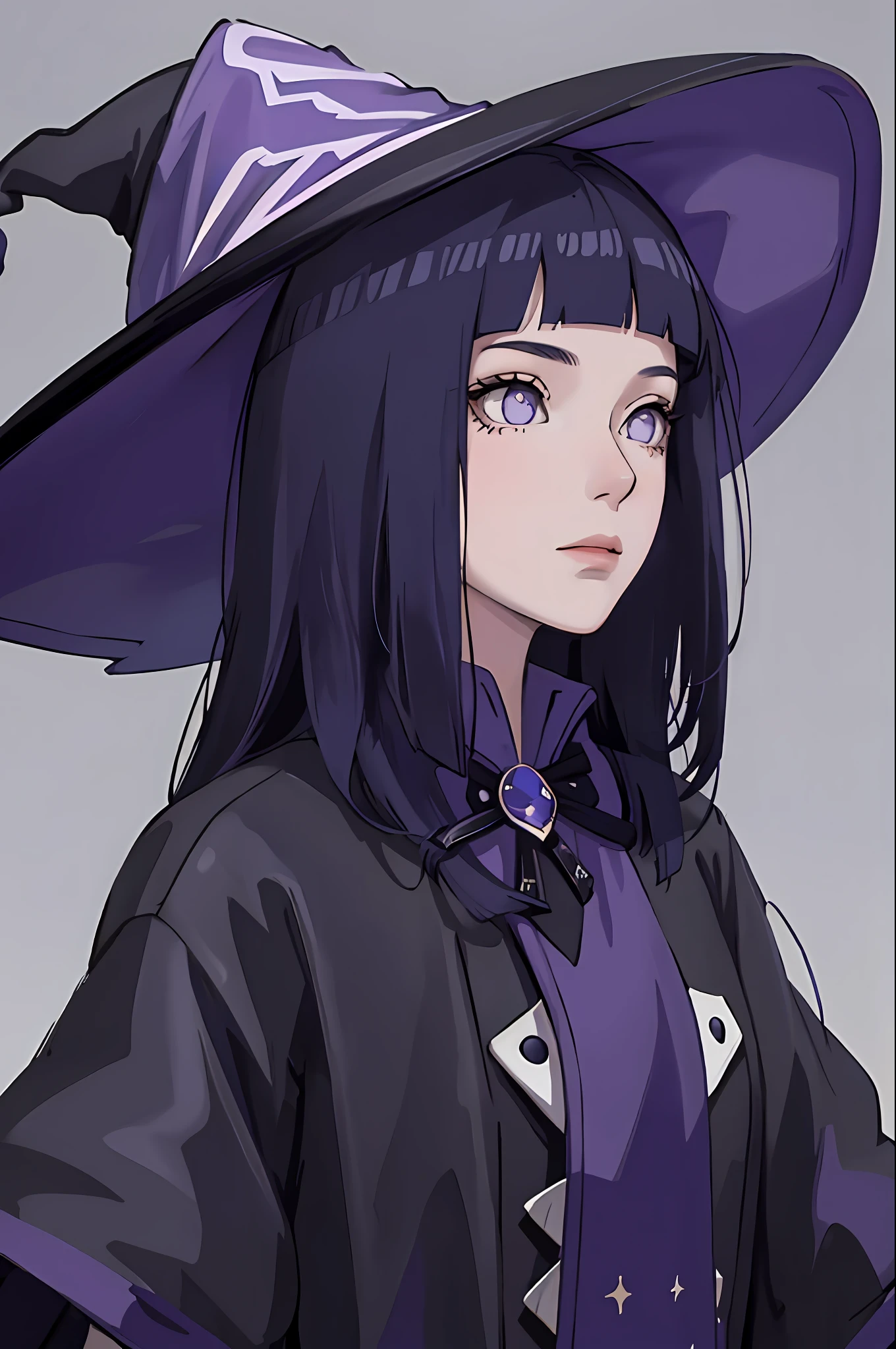 1 girl,witch, solo, long hair, (((witch attire))) , (((witch hat))) , masterpiece, perfect composition, detailed, detailed character, purple eyes, blunt bangs, dark blue hair, beautiful face, really beautiful face.