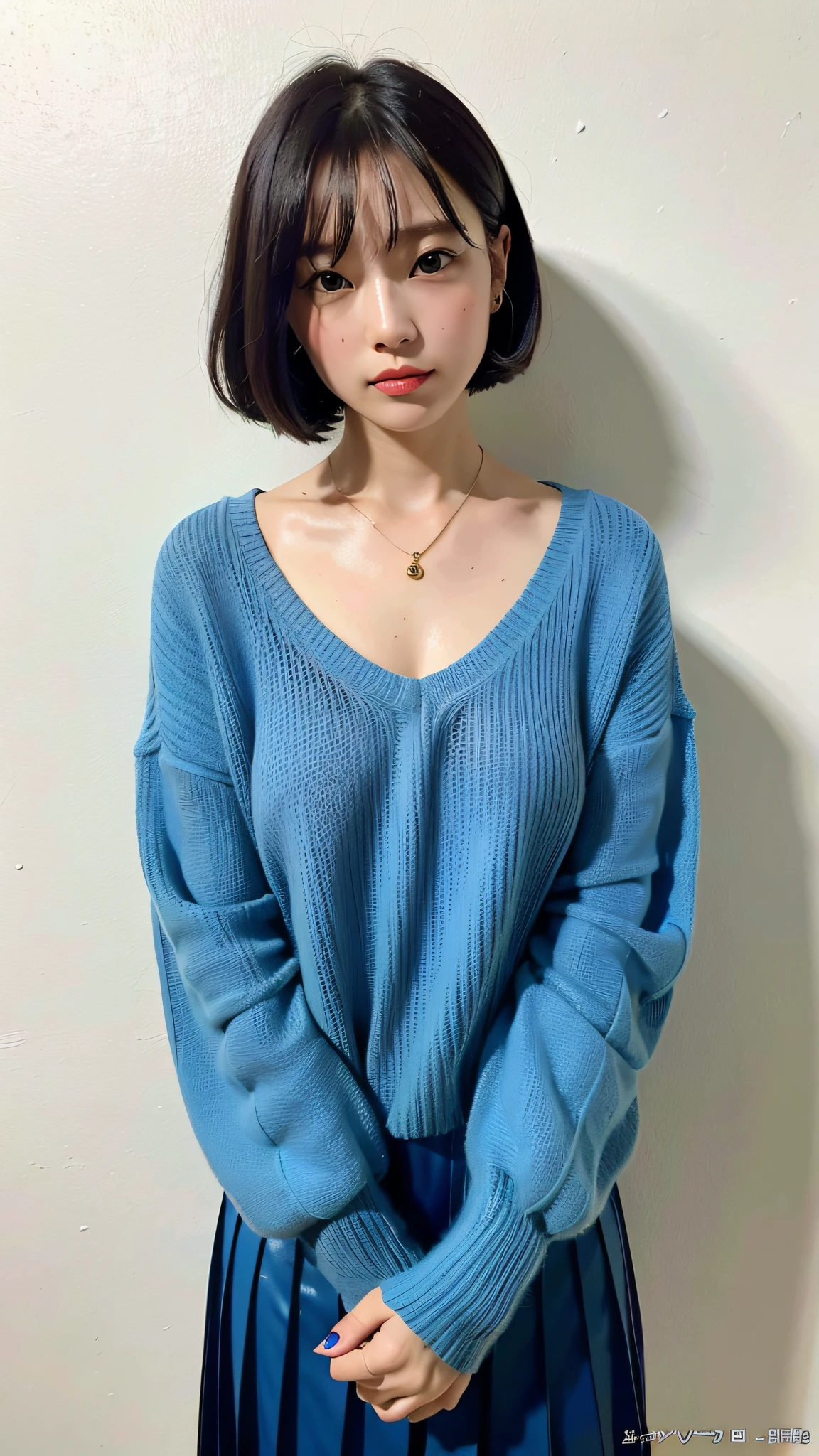 (Best Quality, 8k, 32k, Masterpiece, UHD: 1.2), Cute Japan Woman Pictures, Big Breasts, Very Short Bob Hair, Upper Body, Face Focus, oversized_sweater, Necklace, Simple Background, From Above, Look at the Viewer, Blue Latex Pleats Flower