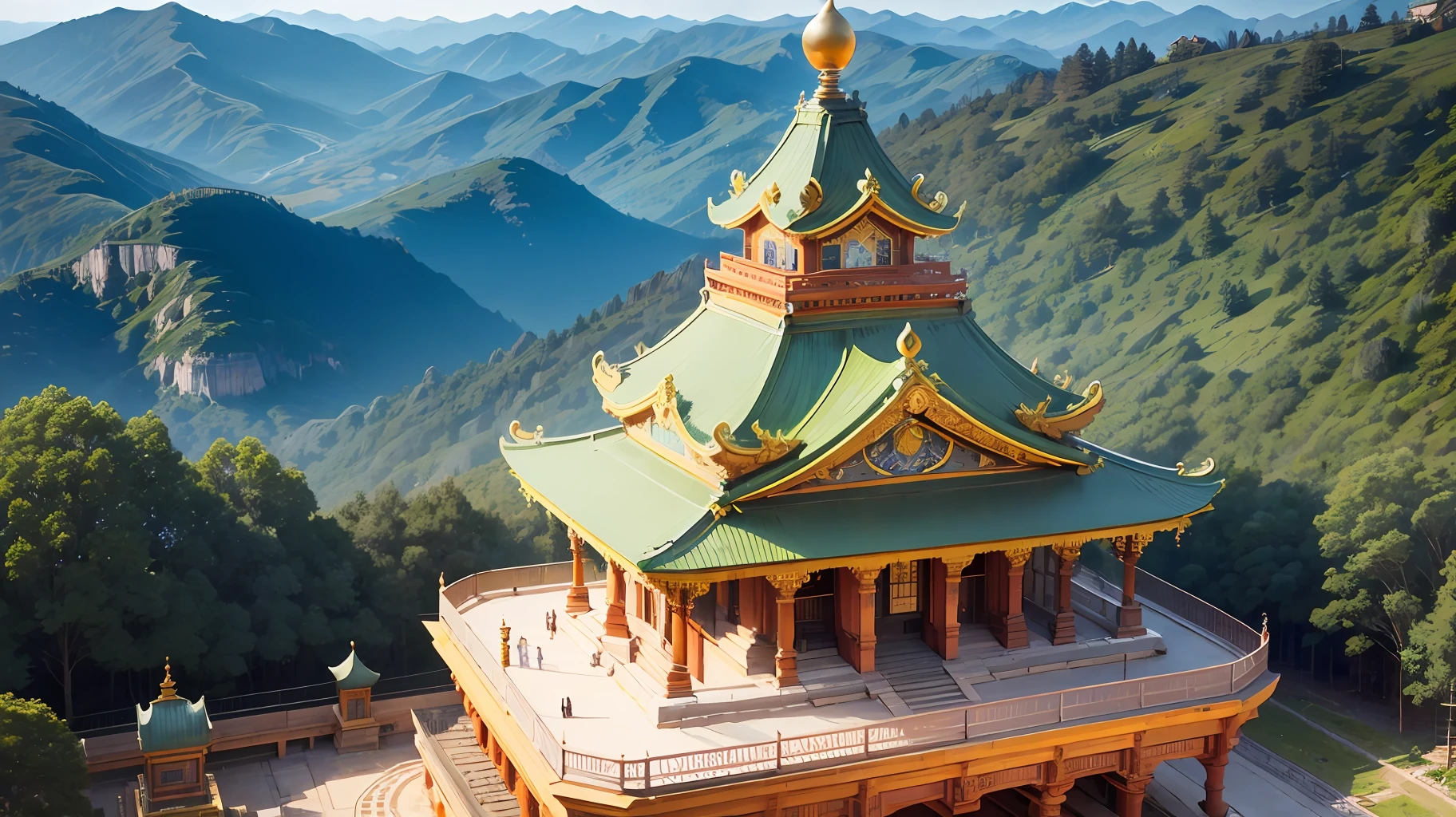 The architectural style of the high platform is very special, the central main tower building is fifteen meters high, the shape of the tower is a slightly ridged cone, on which hangs a bright and extinct jewel, emitting a bright green light. There are also many temples and altars around the high platform, decorated with various ornate ornaments and jewelry, making people feel the solemnity and mystery of the place. The entire high platform is surrounded by dense woods and hills, and the scenery is beautiful. --auto --s2