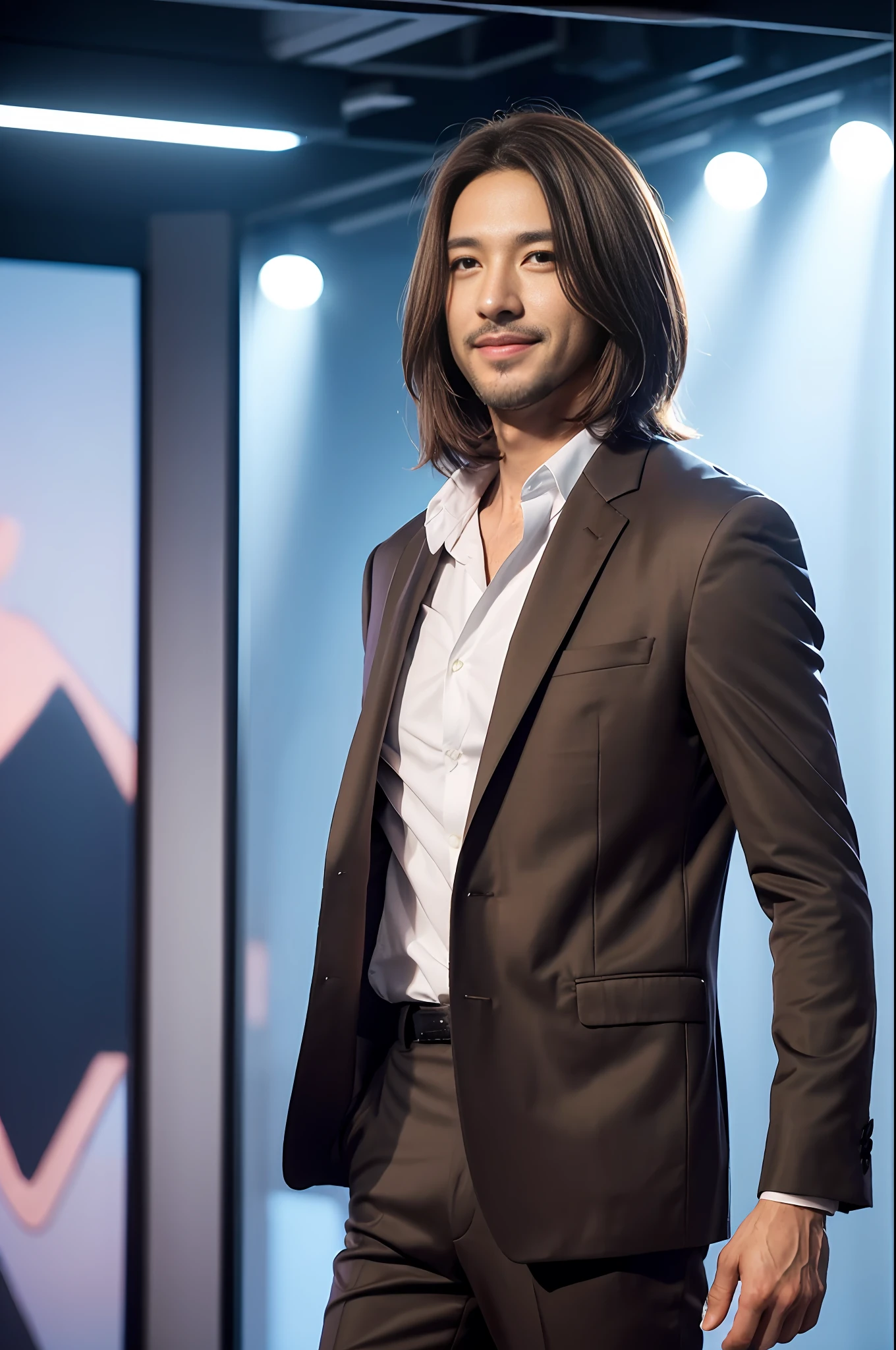 ((Realistic lighting, Best quality, 8K, Masterpiece: 1.3)), Clear focus: 1.2, 1man, Front lens, Perfect figure beauty: 1.4, ((dark brown hair, back flip hair)), (Jacket with suit underneath shirt and trousers: 1.4), (In the live room: 1.8), Super fine face, fine eyes, smile, handsome man, short hair,