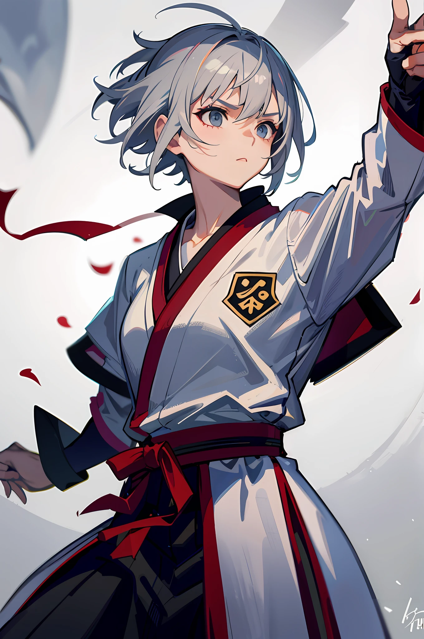High quality, Japan person, 1 woman, martial artist, gray hair, short hair, hair tied in one, cool, serious eyes, martial artist's stance, (small), high school student, no letters,