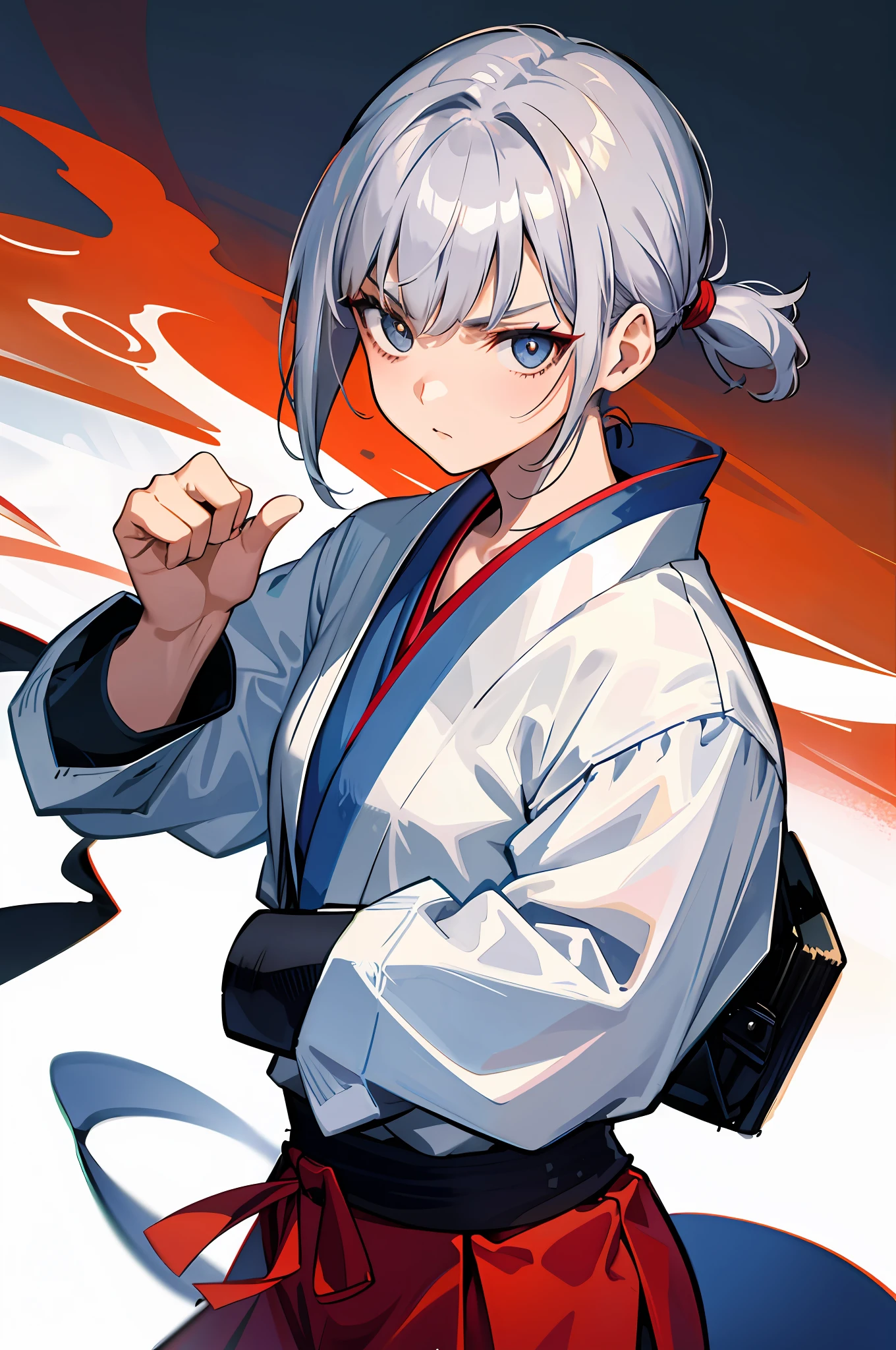 High quality, Japan person, 1 woman, martial artist, gray hair, short hair, hair tied in one, cool, serious eyes, martial artist's stance, (small), high school student, no letters,