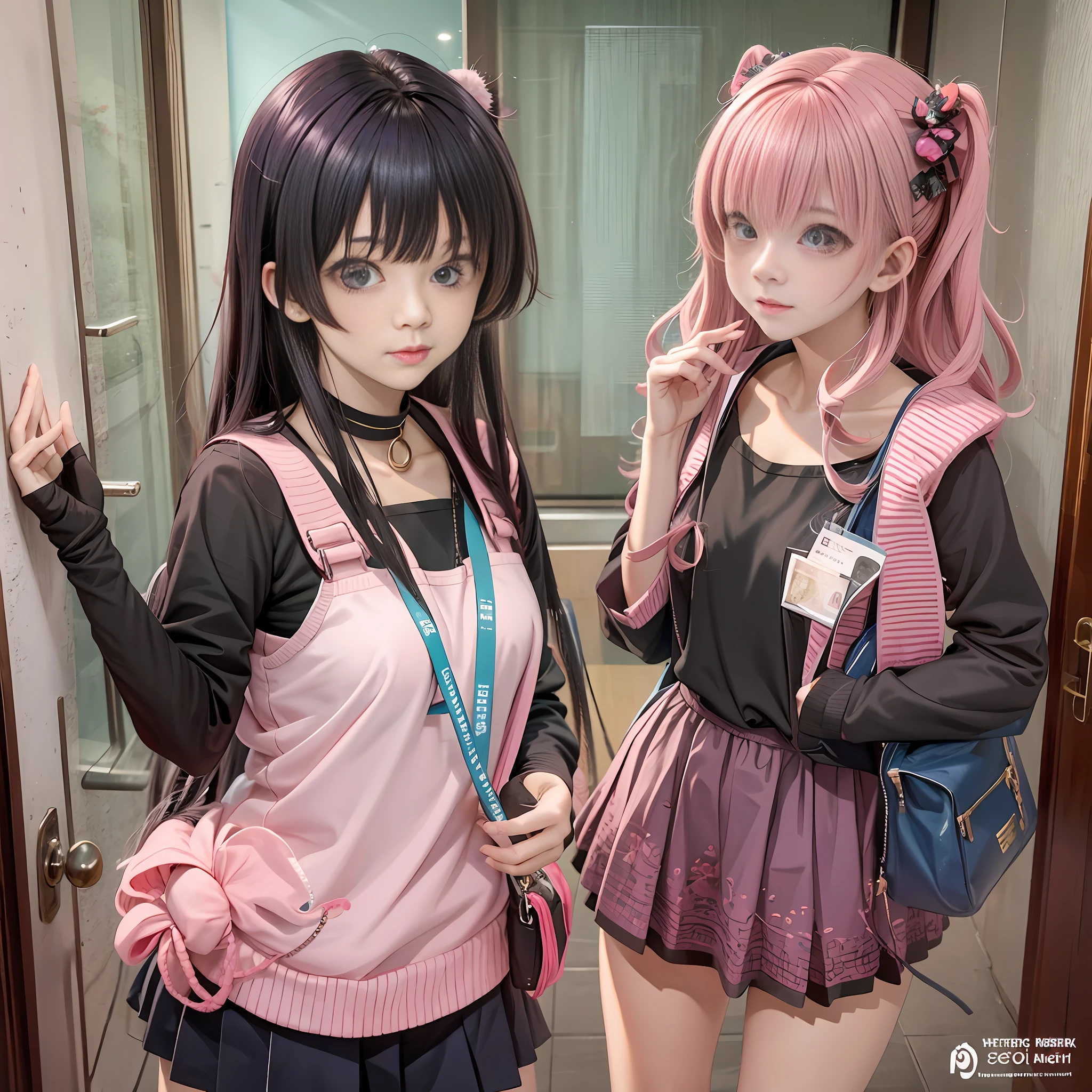 Two anime girls stand in the doorway of the classroom, one pulls the classroom door open and the other stands behind her