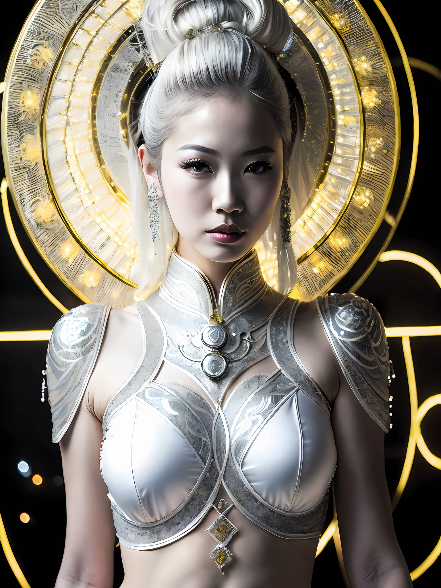 A portrait photograph of mid-twenties Japanese female android made of white and silver transparent glass and plastic, geisha makeup and hairstyle, silver metal internal body mechanisms, dynamic pose, flowing organic construction, detailed engraving, lacework designs, glowing golden circuitry, colorful neon trim, detailed engraving, lacework designs, glowing circuitry, neon trim, art by H.R. Giger, Greg Rutowski