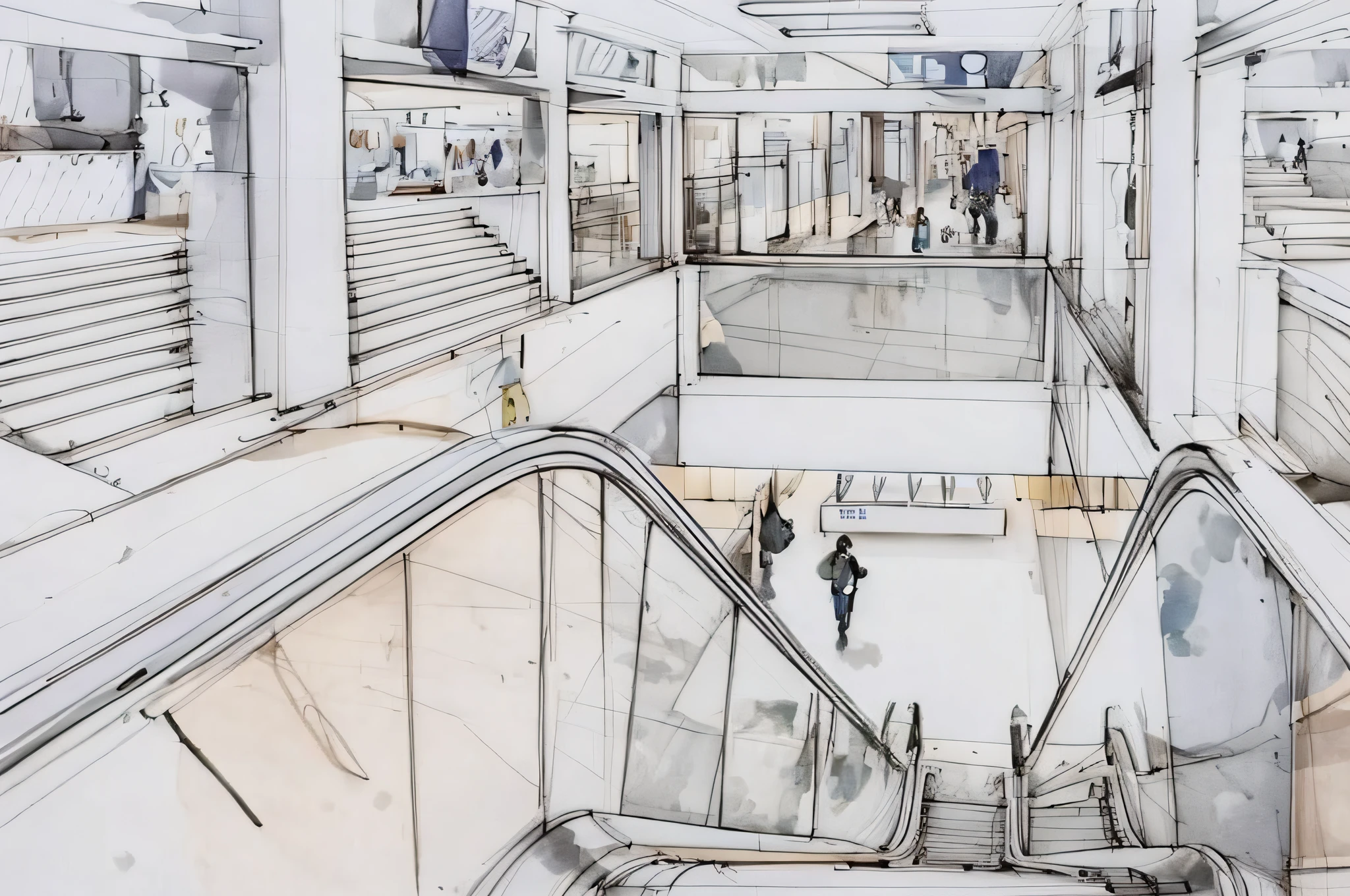 sketch, sketch, pen_sketch_style, escalator down, windows, evening, train station