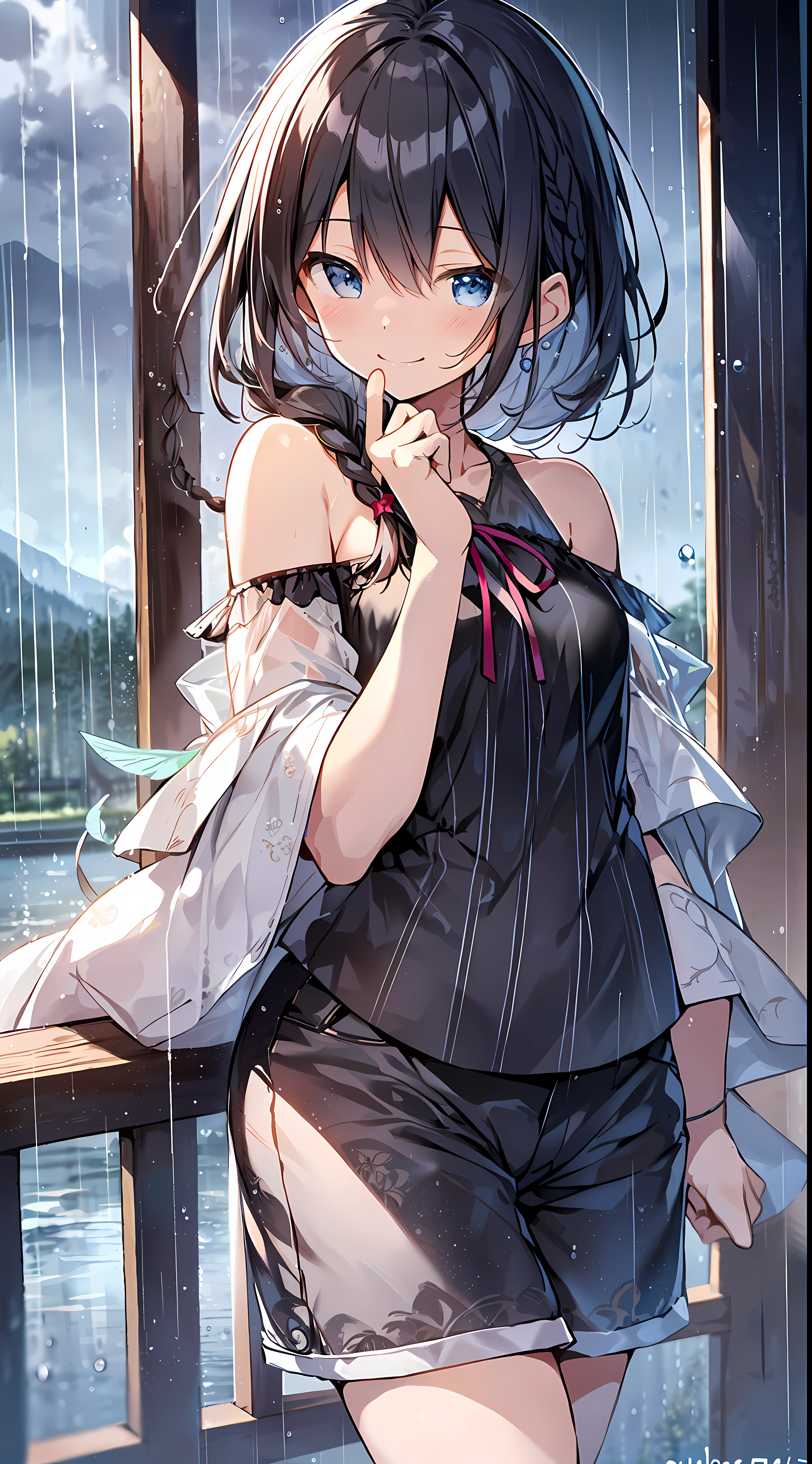 Top quality, masterpiece, ultra high definition, 8k, (((rain feathers, shorts)), shoujo manga style loli, one, soft line drawing, digital enhancement, shojo manga touch, shojo manga core, flowing fabric, close-up, (short braid with hair length to the shoulders)), staring us from the front, soft drawing, beautiful black hair, clear eyes, ((teasing smile)), Ultra-detailed digital anime art, clear face depiction, ultra-detailed shoujo manga character art, ultra-detailed manga style, top quality color, hand gestures, angle to see up to the feet, landscape with nature, raining, rainy season, looking up at the sky