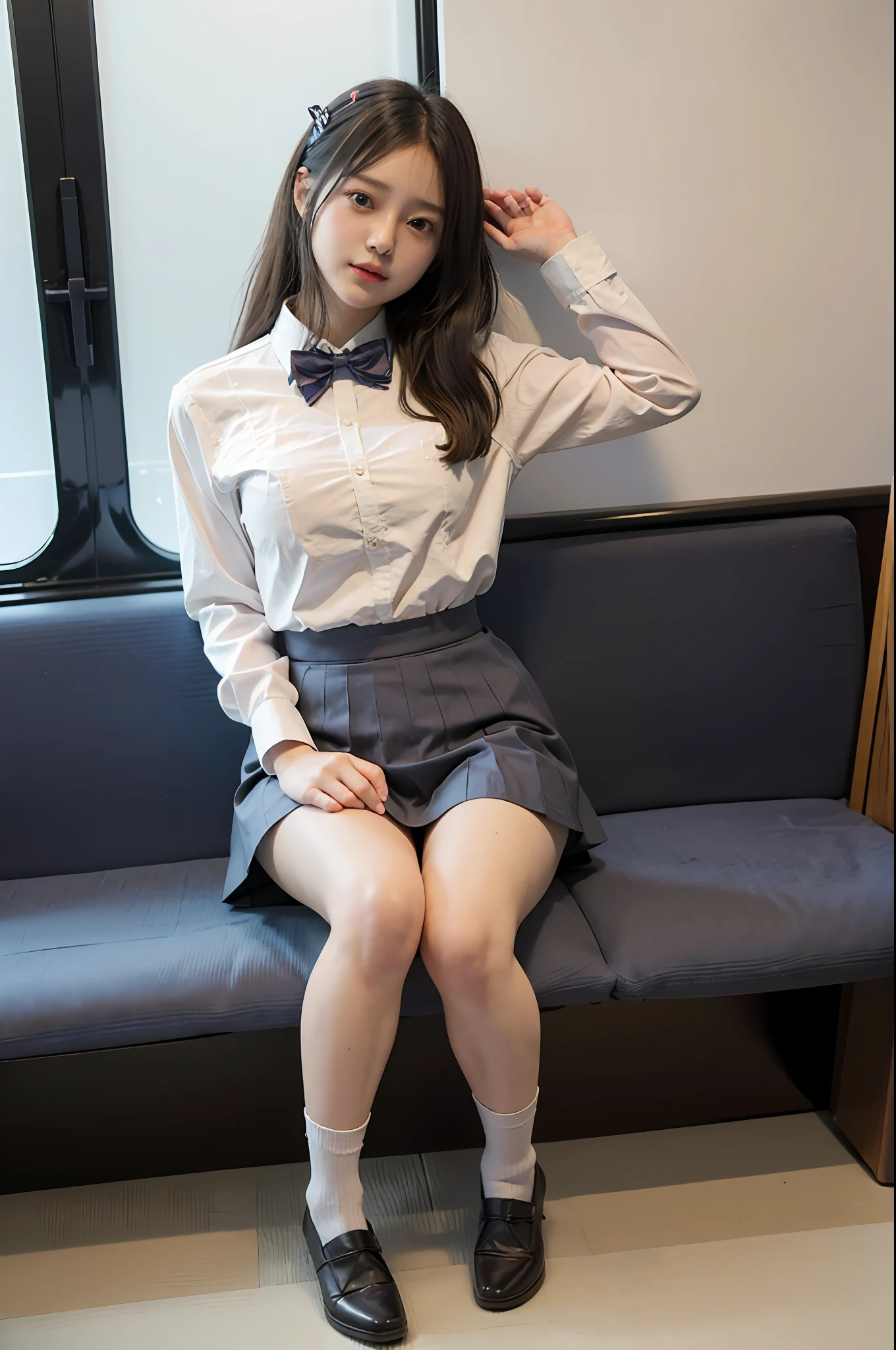 Low angle shot,arafed asian woman in a short skirt and bow tie sitting on a train, cute schoolgirl, japanese girl school uniform, wearing japanese school uniform, japanese school uniform, a hyperrealistic schoolgirl, dressed as schoolgirl, hyperrealistic schoolgirl, wearing school uniform, realistic schoolgirl, girl wearing uniform, wearing a school uniform, of a schoolgirl posing, full body, nice skin, glowing skin, nice thighs,glowing thigh, glowing legs
