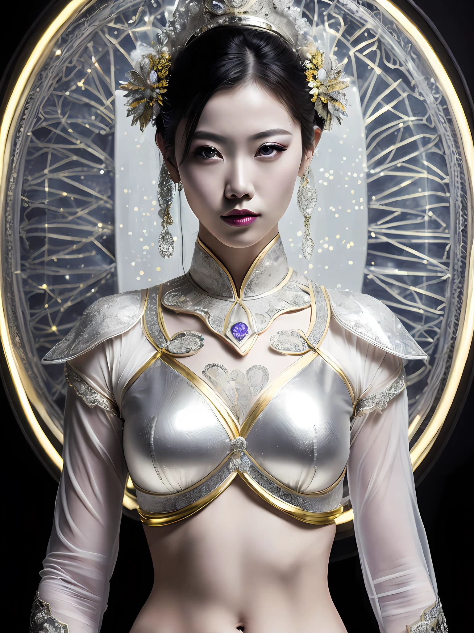 A portrait photograph of mid-twenties Japanese female android made of white and silver transparent glass and plastic, geisha makeup and hairstyle, silver metal internal body mechanisms, dynamic pose, flowing organic construction, detailed engraving, lacework designs, glowing golden circuitry, colorful neon trim, detailed engraving, lacework designs, glowing circuitry, neon trim, art by H.R. Giger, Greg Rutowski