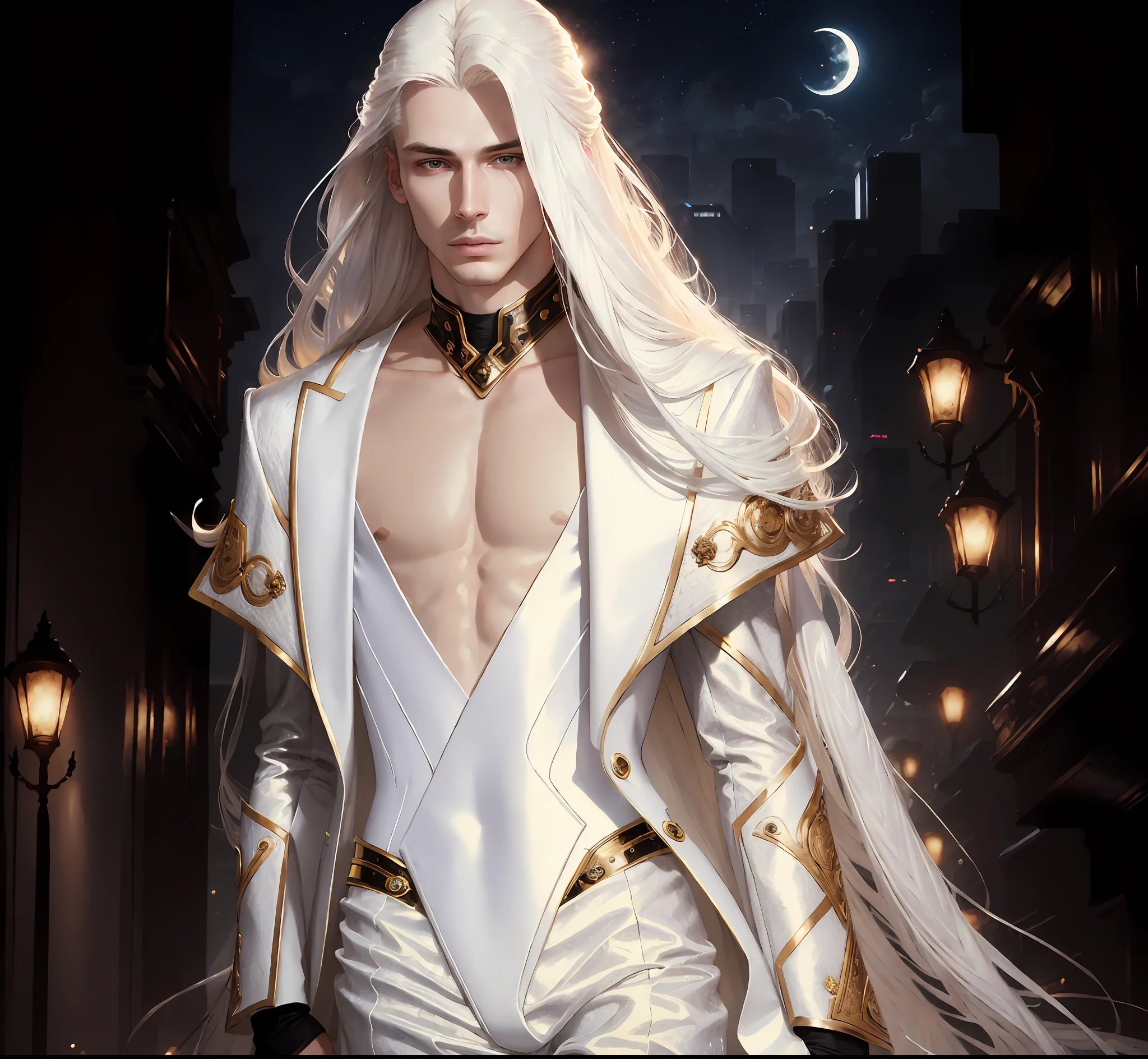 masterpiece, highest quality, (solo focus), (perfect face:1.1), (high detail:1.1),dramatic, 1guy, (pale skin), long white hair, white eyes, [light eyebrows], (solo), long hair, moon, night, white luxury suit, covered navel, pouty lips, covered, futuristic city, detailed background, art by artgerm and greg rutkowski,  cinematic lighting, roses, fashion, balenciaga, Alexander McQueen