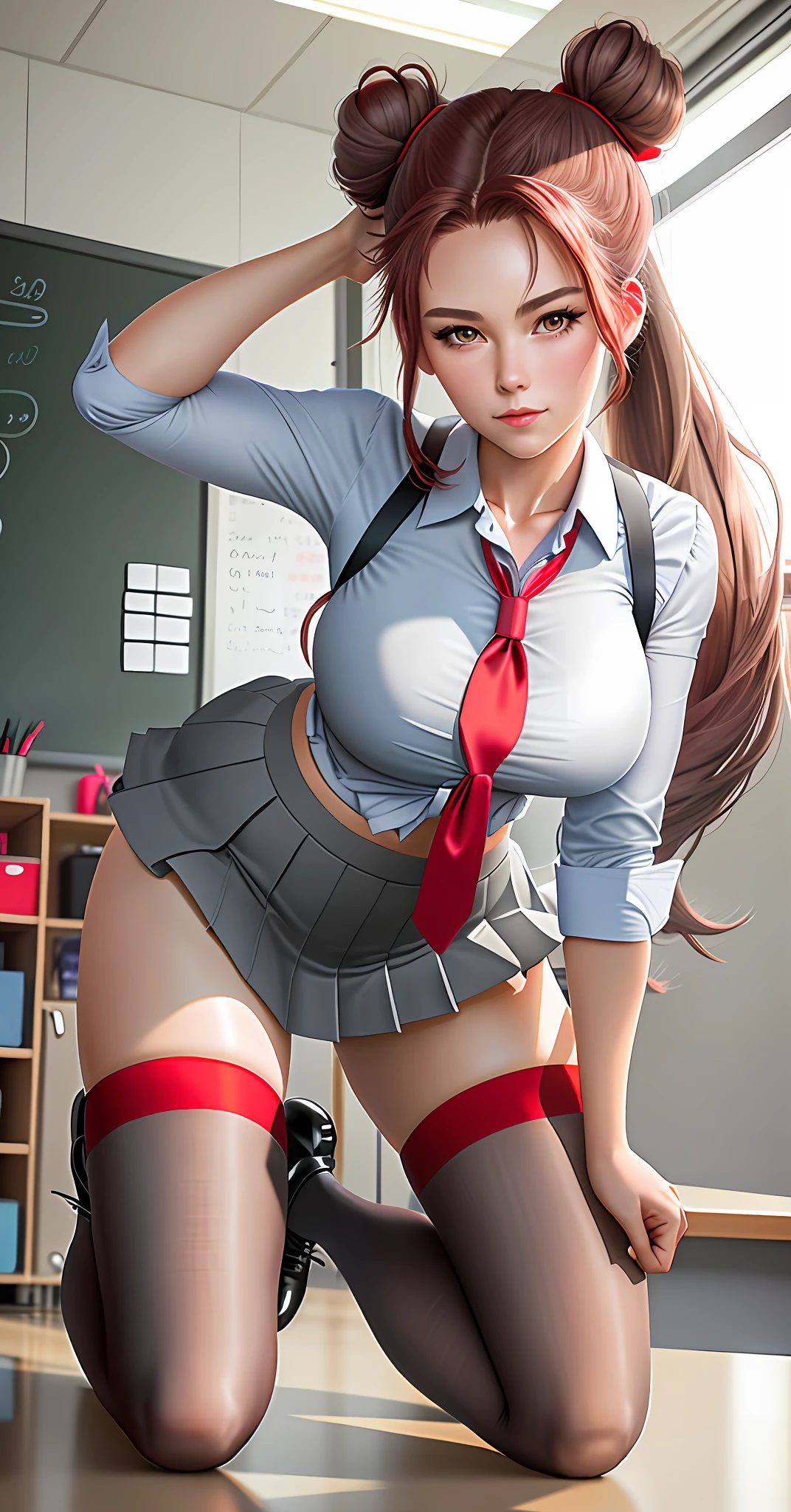 16k, Hyperrealistic, masterpiece, high detail, best quality, beautiful woman, gray school girl outfit with red tie, anime style, long brown hair styled with a high bun and low ponytail on each side of the head, red tights, full body, forward facing, short gray skirt, large boobs, college girl, red leggings, kneeling on teachers desk in front of chalkboard, legs spread apart from each other, loose tie, unbuttoned shirt, heels, sexy, flirtatious, facing camera, lifting up skirt revealing blank panties, undone tie, shirt unbuttoned revealing boobs