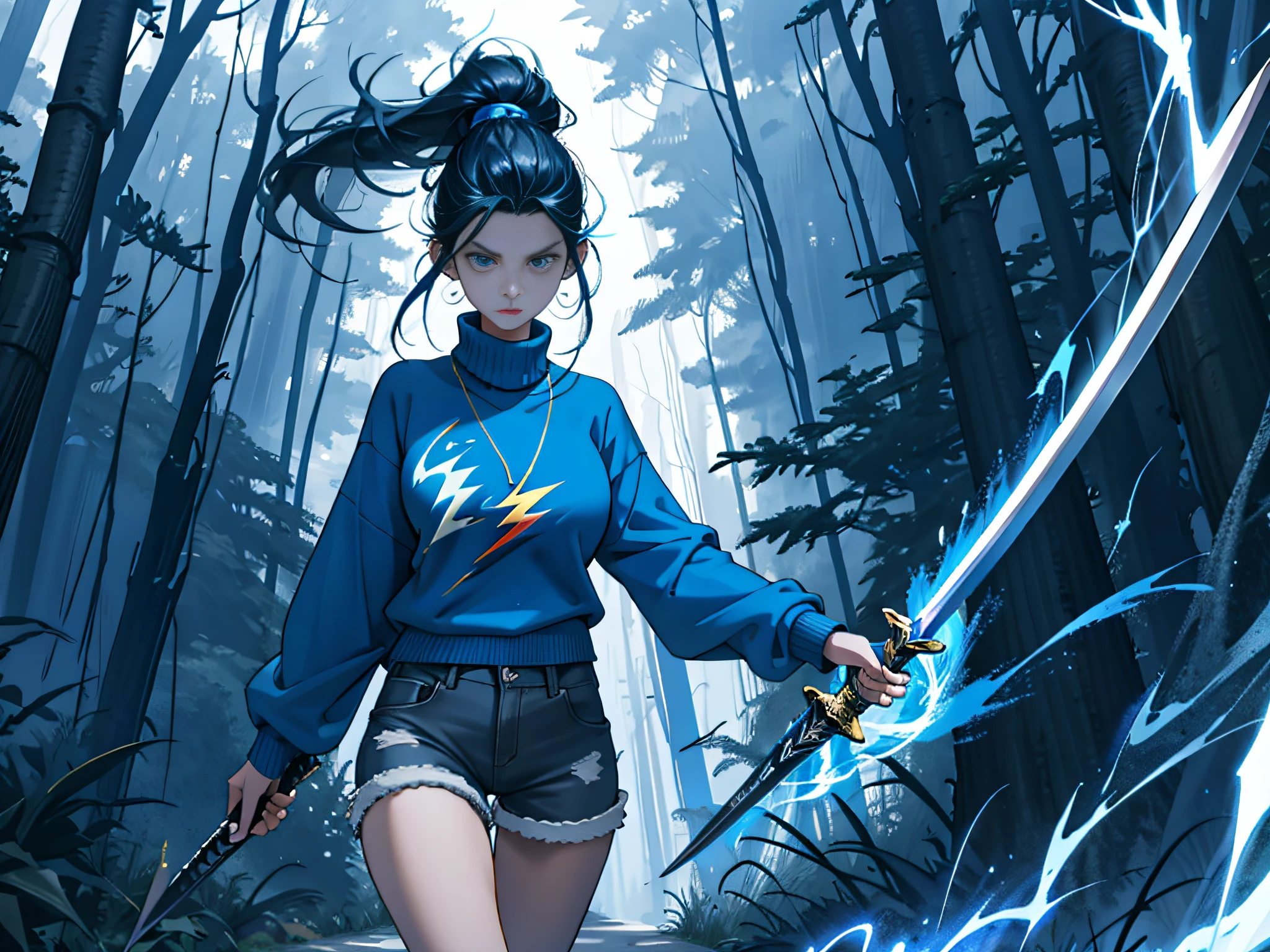 A woman walking on a forest path, blue sweater, denim shorts, dark blue hair, long ponytail, holding a giant sword in her hand, tree path, trees, sky, wolf, wormhole, blue flame, golden lightning, red lightning, flow movement, panorama, dynamic expression, movie multi-angle lighting, 16K, rich details,