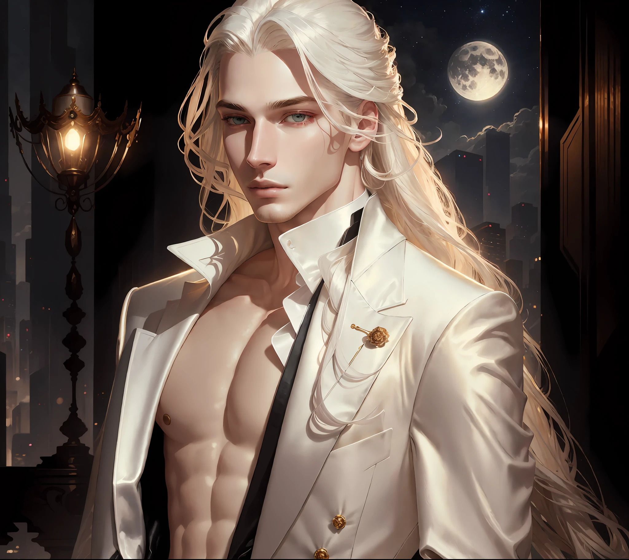 masterpiece, highest quality, (solo focus), (perfect face:1.1), (high detail:1.1),dramatic, 1guy, (pale skin), long white hair, white eyes, [light eyebrows], (solo), long hair, moon, night, white luxury suit, covered navel, pouty lips, curvy guy, covered, futuristic city, detailed background, art by artgerm and greg rutkowski, cinematic lighting, roses, fashion, balenciaga, Alexander McQueen