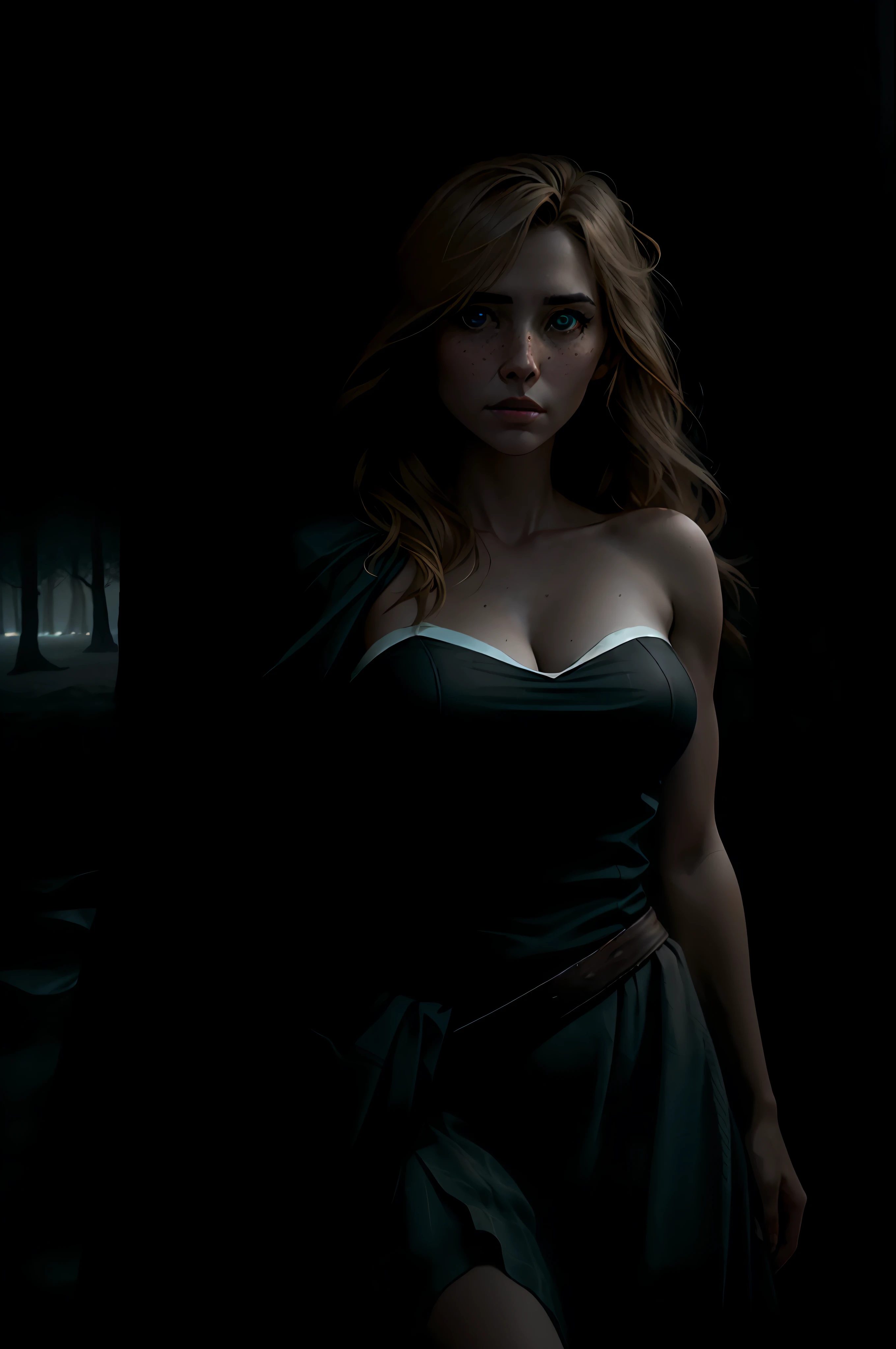 deep shadow, sinister, award winning photo, best quality, masterpiece, upper body, woman, freckled nose and cheeks, windblown blonde hair, emerald eyes, detailed eyes, beautiful face, delicate features, stunning beautiful, modern strapless dress  by Jeremy Lipking, by Antonio J. Manzanedo, by lee jeffries nikon d850 film stock photograph 4 kodak portra 400 camera f1.6 lens rich colors hyper realistic lifelike texture dramatic lighting unreal engine trending on artstation cinestill 800, fisheye lens, Style-Kilt, windy beach, scottish loch, forest