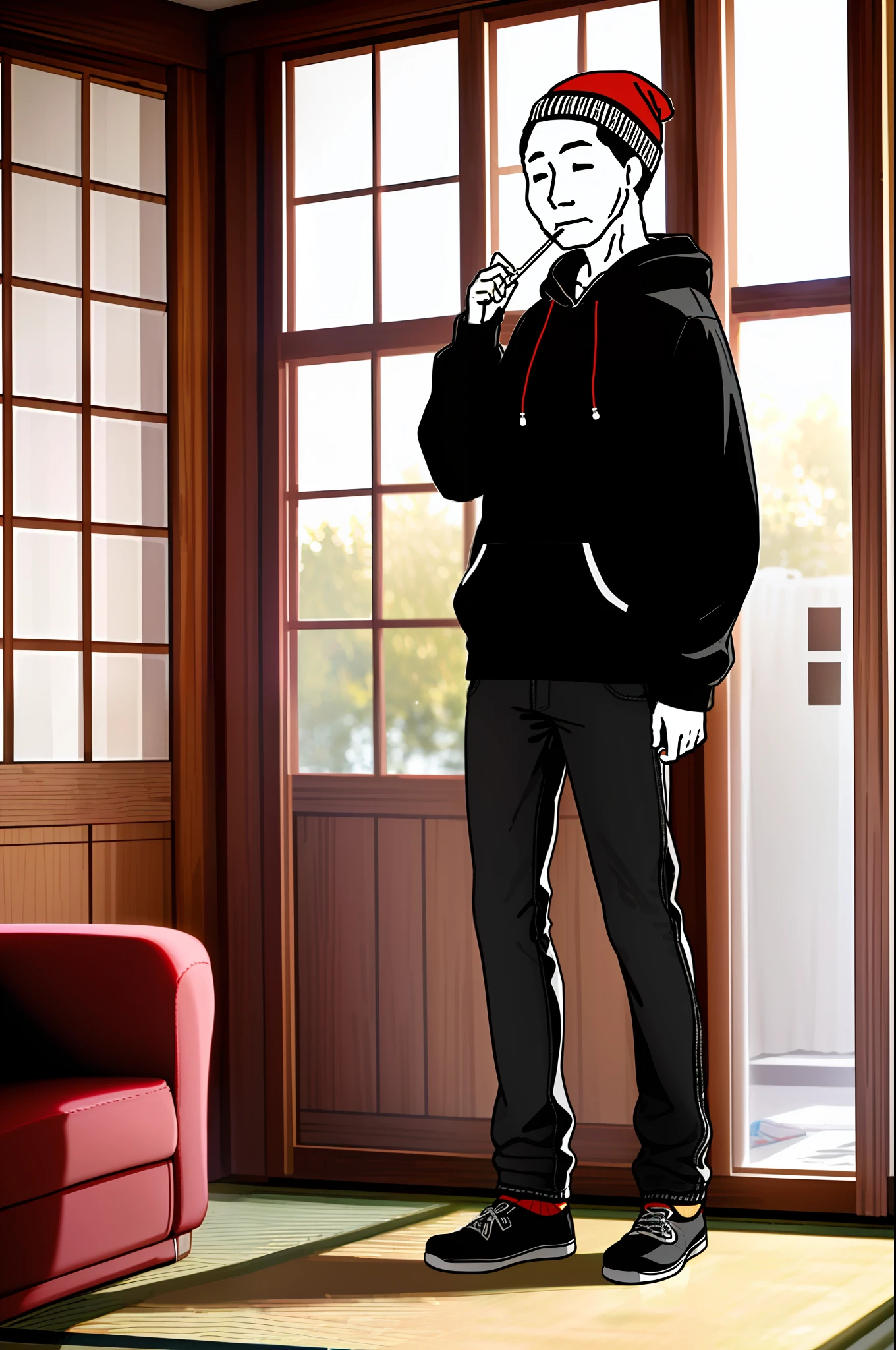 Wajak, Masterpiece, Top Quality, Home Party, Living Room, Solo, Male Focus, Change, Dirty Room (illuminated by irregular and subtle sunlight:1.2), (Full body: 0.5 Half body: 0.5), (Mouth closed, Black eyes, Black hair, Hoodie, Knitted hat, Handphone: 1.3, Swimming underwear, Small tablet), English Conversation, (Listen quietly, Speech: 0.8), Japan person, (thin or normal: 0.7).