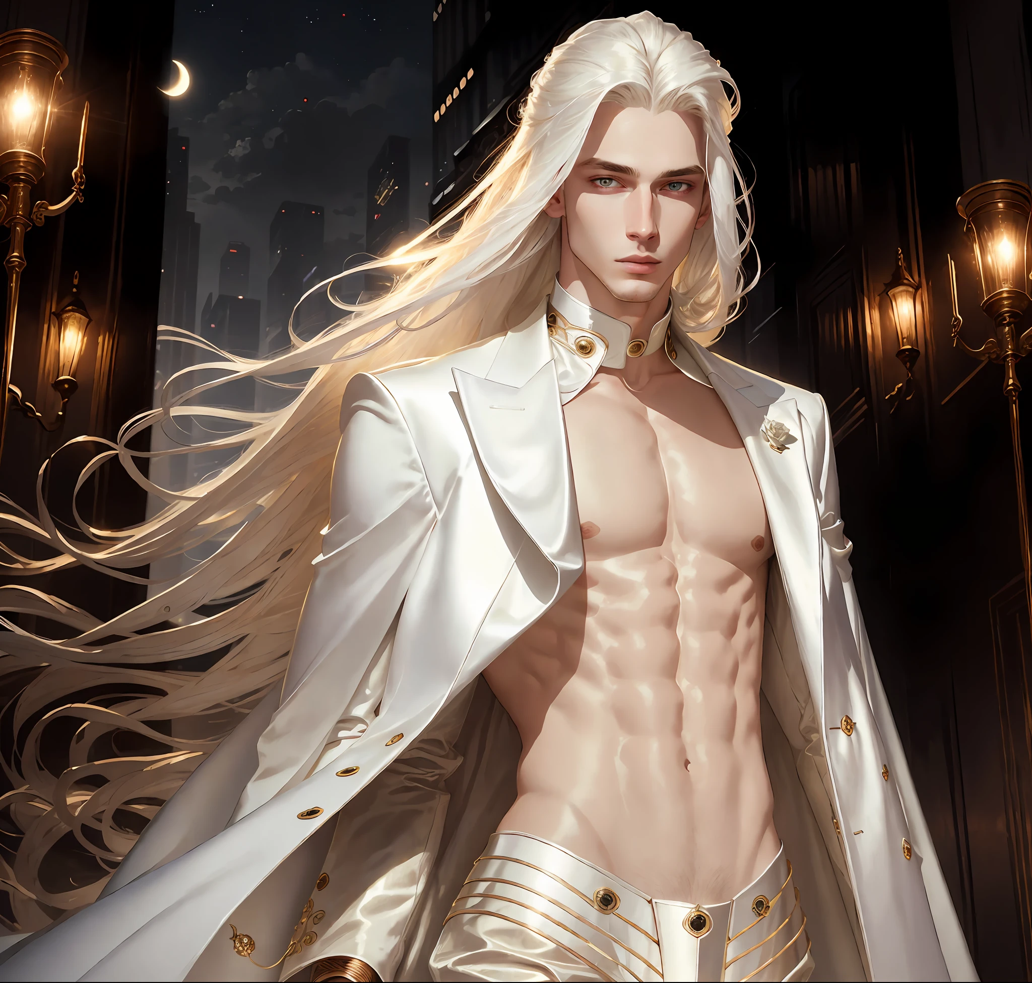 masterpiece, highest quality, (solo focus), (perfect face:1.1), (high detail:1.1),dramatic, 1guy, (pale skin), long white hair, white eyes, [light eyebrows], (solo), long hair, moon, night, white luxury suit, covered navel, pouty lips, curvy guy, covered, futuristic city, detailed background, art by artgerm and greg rutkowski, cinematic lighting, roses, fashion, balenciaga, Alexander McQueen