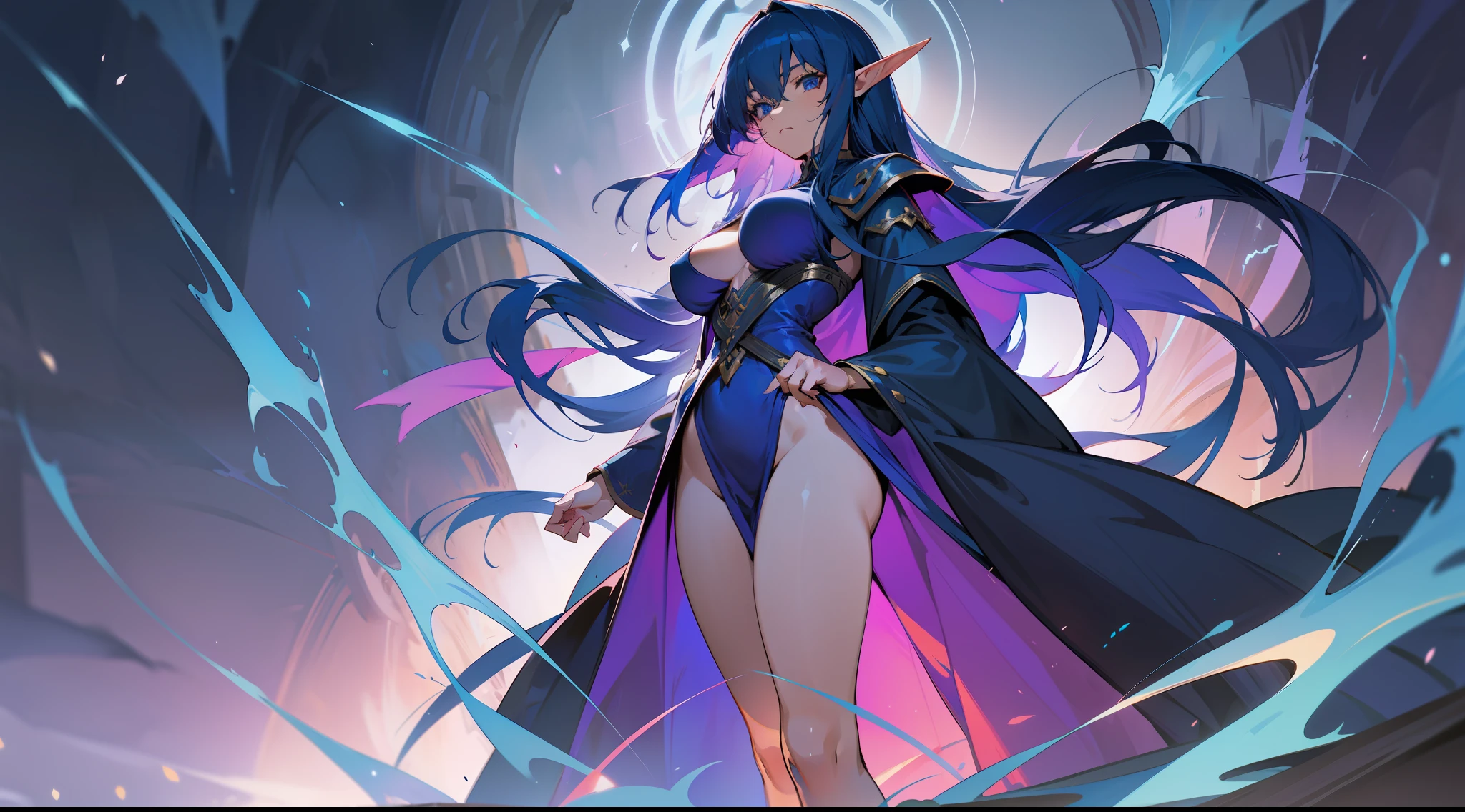 an elf mage, long dark blue hair, bangs, large breasts, exposed thighs, hair between eyes, heroic posture, blue eyes, full body, dark blue and purple robe, confident, fantasy, medieval, magic, night, lens reflection