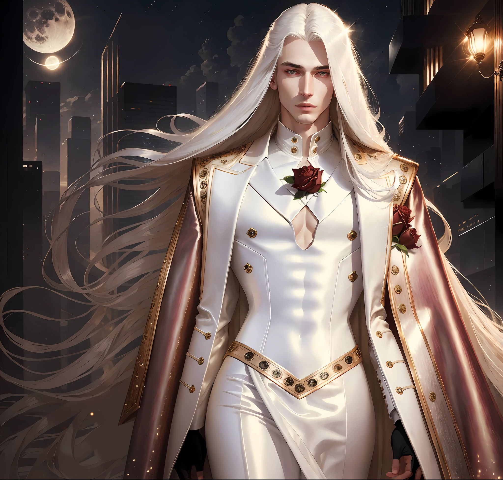 masterpiece, highest quality, (solo focus), (perfect face:1.1), (high detail:1.1),dramatic, 1guy, (pale skin), long white hair, white eyes, [light eyebrows], (solo), long hair, moon, night, white luxury suit, covered navel, pouty lips, curvy guy, covered, futuristic city, detailed background, art by artgerm and greg rutkowski, cinematic lighting, roses, fashion, balenciaga, Alexander McQueen