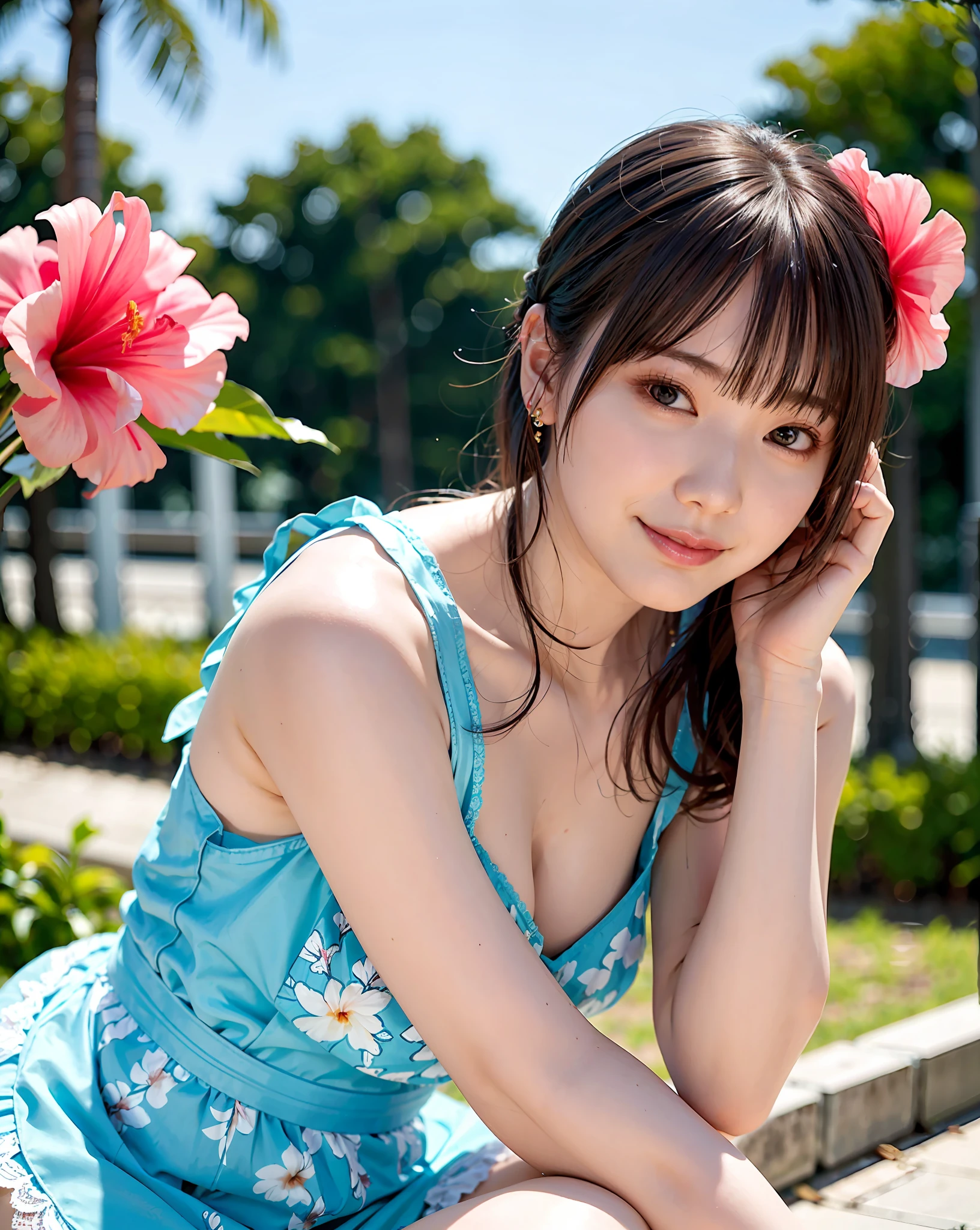Woman posing on street corner in light blue dress, top quality, one girl, big breasts, sun, bright, blurred background, bokeh, outdoor, (street: 0.8), (people, crowd: 1), (cropped with lace) dress: 1.5, sleeveless dress, white clothes, gorgeous (short hair, forehead: 1.2), beautiful sky in detail, earrings, (dynamic pose: 1.2), ( Upper body: 0.8), soft lighting, wind, glossy skin, smile, tropical ((large multiple hibiscus in the background))