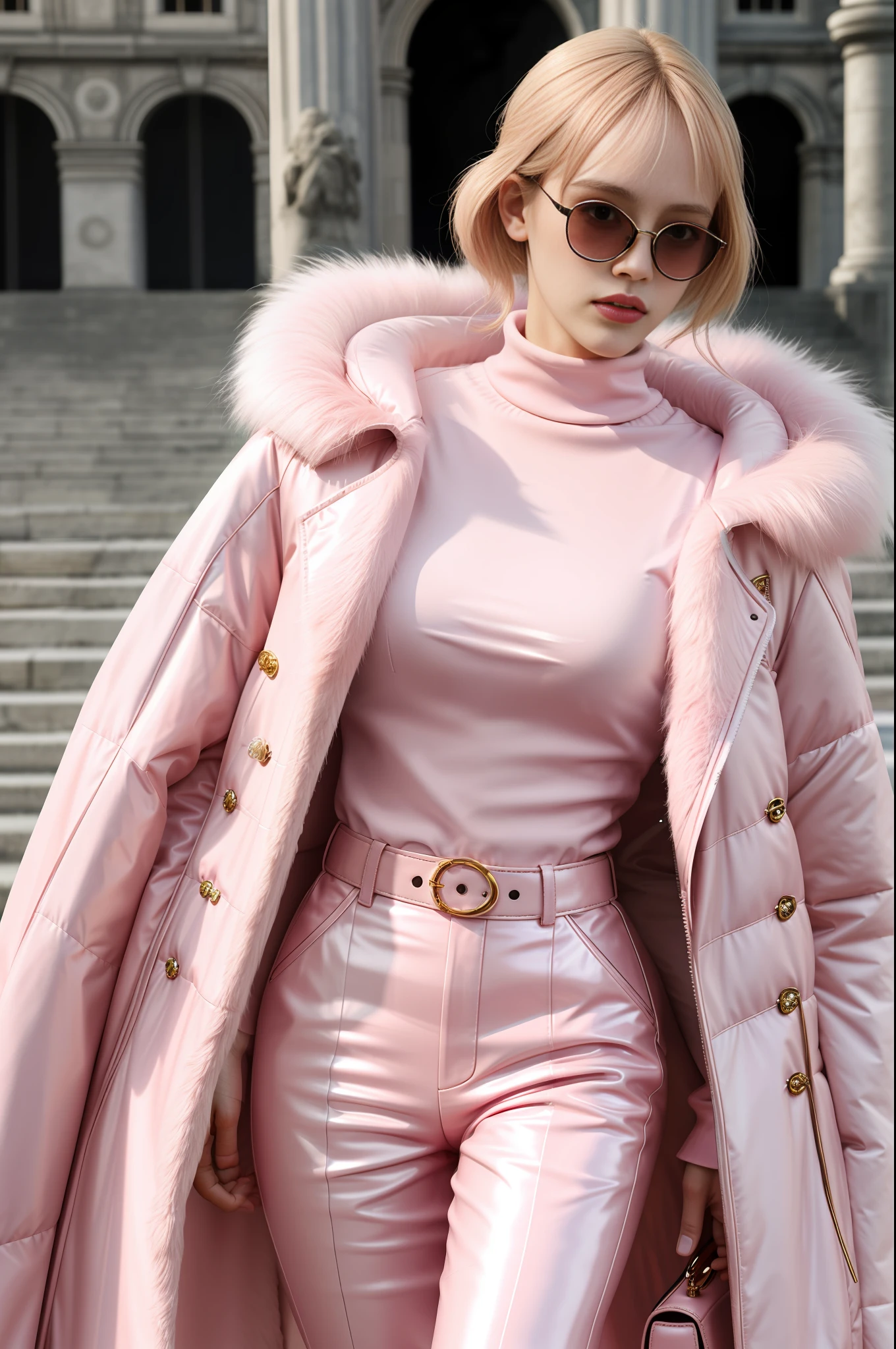 Fashion shoot, Jacquemus and moncler collaboration: light pink translucent fur sunglasses, hyper-realistic, detailed 8k, realistic,
