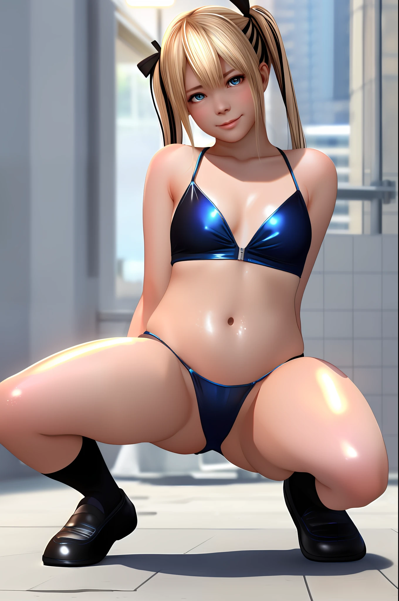 Best Quality, 8K Quality, High Quality, Detailed Images, 1 Girl, Solo, Full Body Marie Rose, Smile, Embarrassing, Blushing, Small Plump Breasts, (Protrusion of the Tip of the Chest), (Slender Body)), (Shiny Metallic), (Micro bikini with a small area of dark blue cloth)), (Strongly tucked into the crotch), (Squatting Horseman))), (Open your legs wide))), Protrude your hips forward, (( Black high socks)), brown loafers, staring at the viewer, facing the viewer with the front of the body, (legs open to the viewer), white thighs, stone hallway, professional lighting, shot from the front