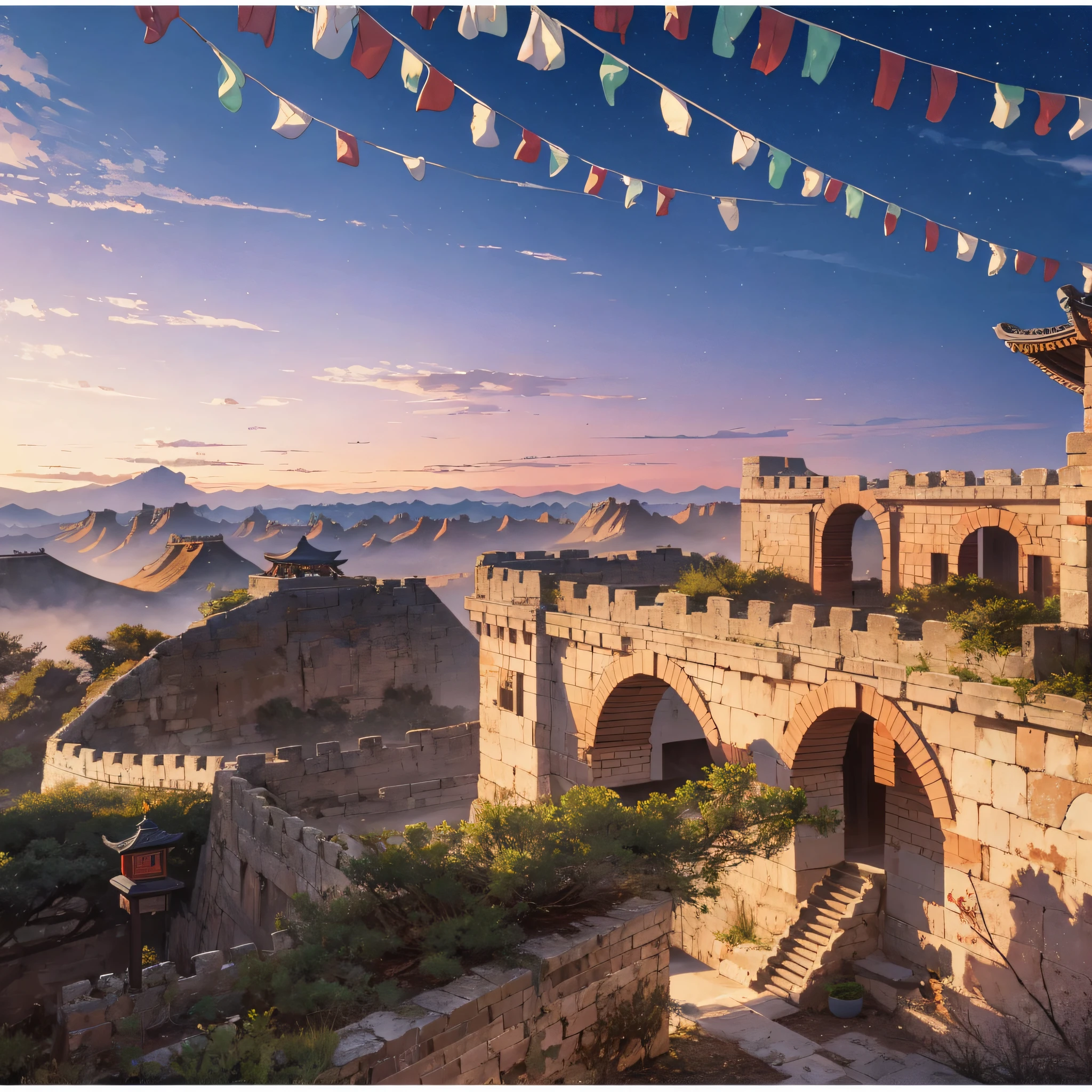 In ancient China, flags fluttered on the walls, dusk, desert