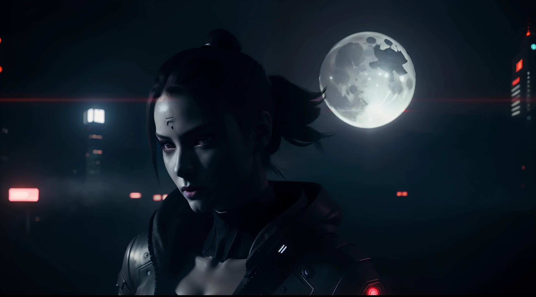 humanoid kyubi white female, red lights, metropolis, cyber punk, destroyed city, dystopian, moon, neon lights black and white, shadows, fog, fog, very high detailed, cinematic lighting, cinematic, cinematic, high detailed, ultra detailed, highlight lighting, very divine colors, realistic, 8k, HDR