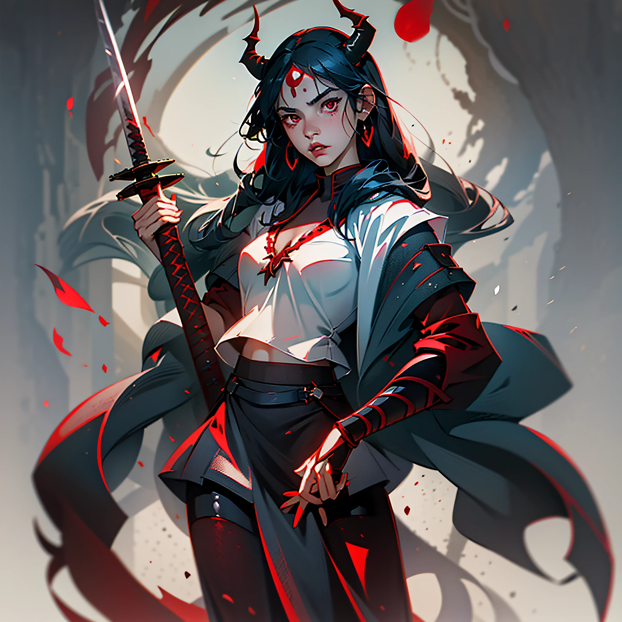 Masterpiece, the best quality, a girl, full body, akakage demon sword hime, katana in hand, red eyes, cold and firm eyes, black hair, red horns on the head, gray background, character standing painting, silhouette light, king glory style --auto --s2
