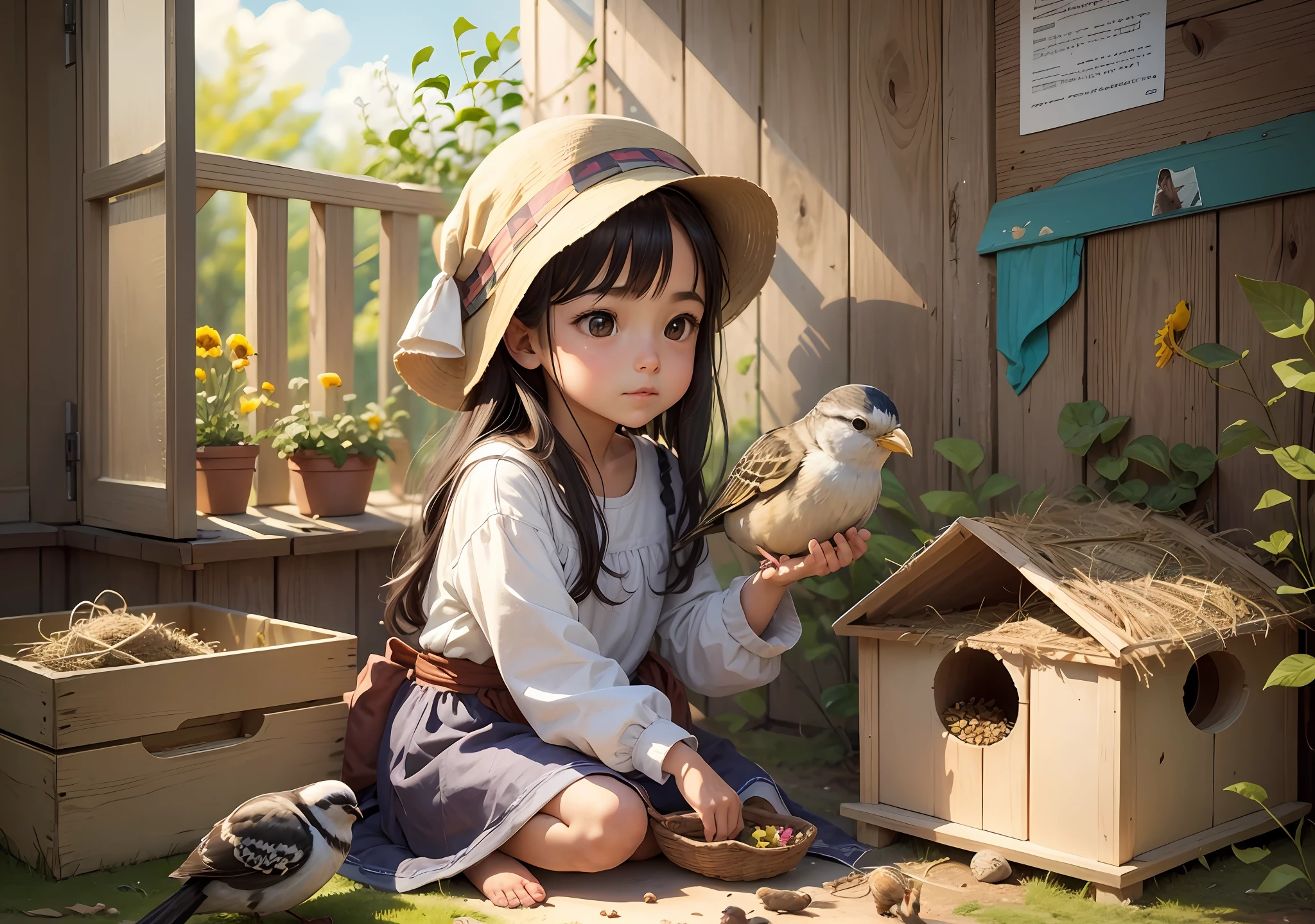 Sofia created a comfortable nest for the bird in a box with soft hay. She fed him seeds and fresh water every day. Gradually, the bird began to feel safer and more comfortable around Sofia. She called him Pipo and they became great friends. --auto --s2